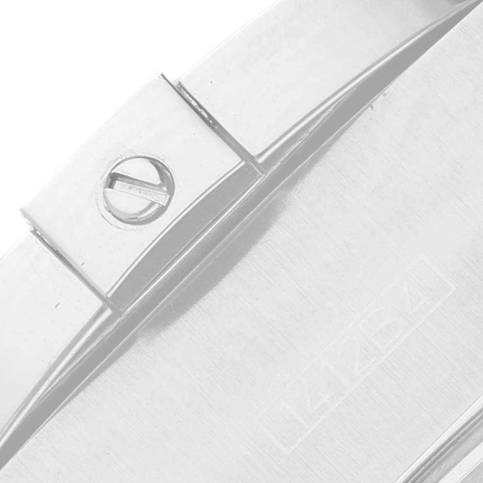 This close-up image shows the clasp and part of the bracelet of a Breitling Chronomat A44360 Men's Stainless Steel Black Dial A44360 Men's Stainless Steel Black Dial watch.