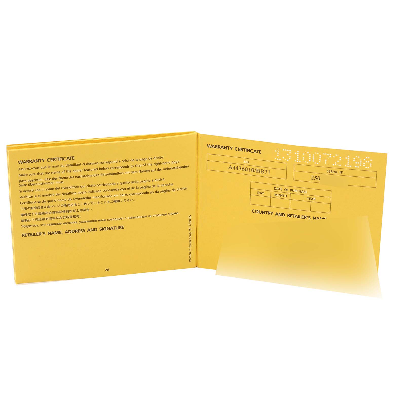 The image shows the warranty certificate for a Breitling Chronomat A44360 Men's Stainless Steel Black Dial A44360 Men's Stainless Steel Black Dial watch, including fields for reference number, serial number, and purchase details.