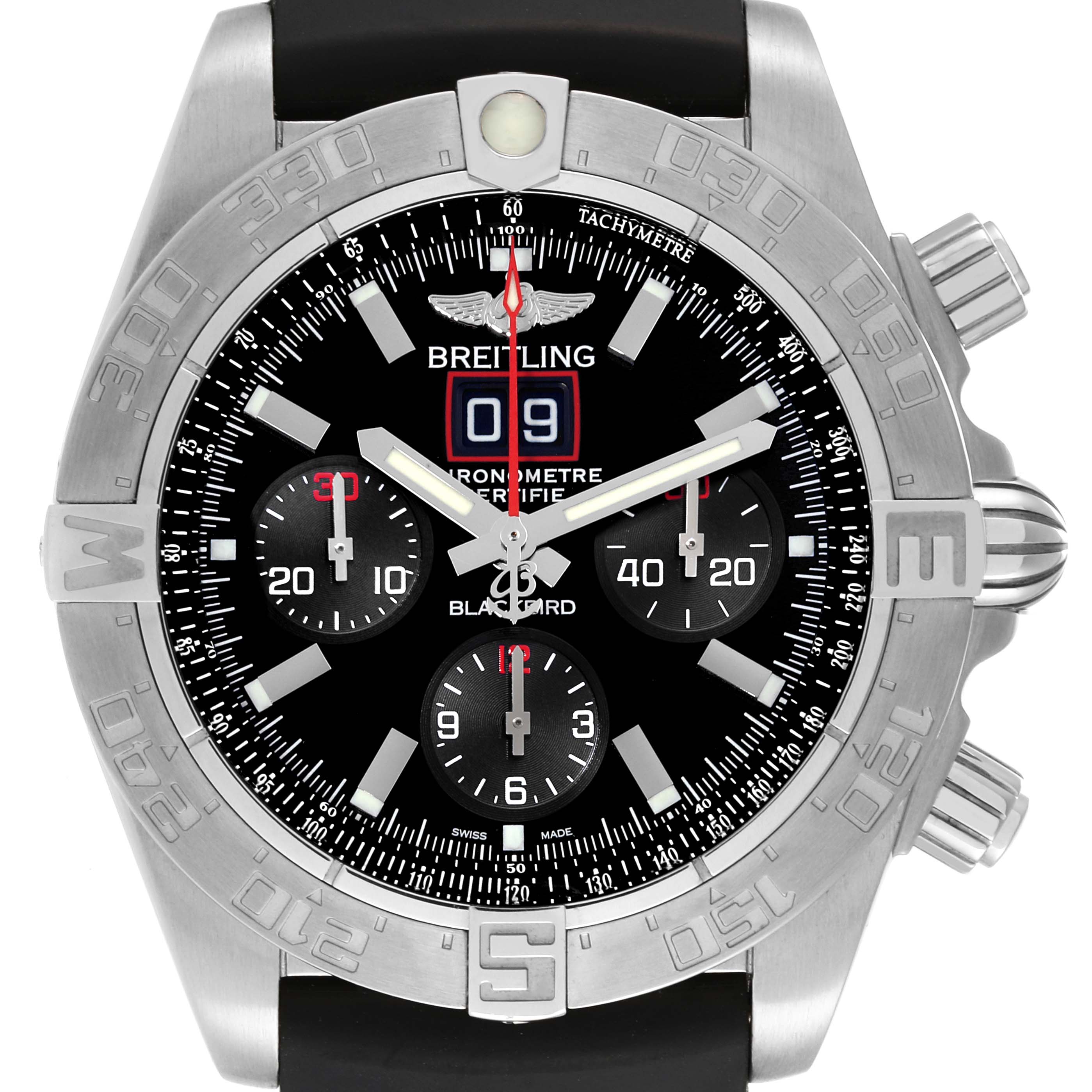 The image shows a top-down view of the Breitling Chronomat A44360 Men's Stainless Steel Black Dial A44360 Men's Stainless Steel Black Dial watch, displaying its face, bezel, and chronograph subdials.