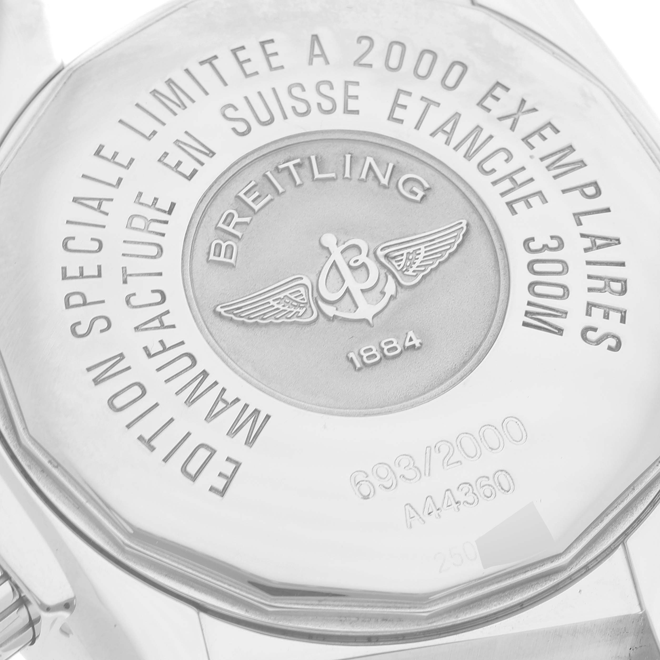 The image shows the back case of the Breitling Chronomat A44360 Men's Stainless Steel Black Dial A44360 Men's Stainless Steel Black Dial watch, showcasing its engraving details and limited edition marking.