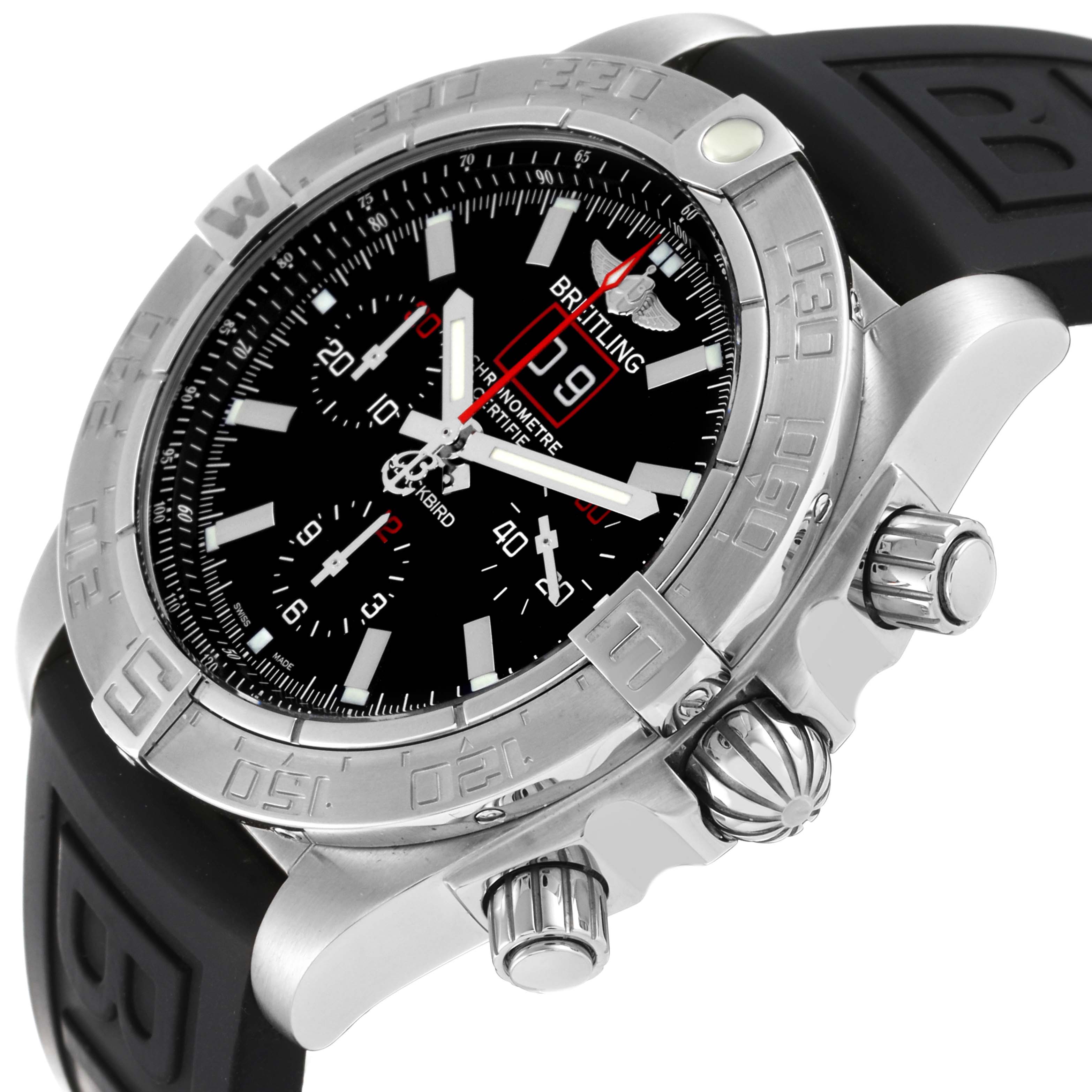 The Breitling Chronomat A44360 Men's Stainless Steel Black Dial A44360 Men's Stainless Steel Black Dial watch is shown at a three-quarter angle, highlighting the bezel, crown, pushers, and black rubber strap.