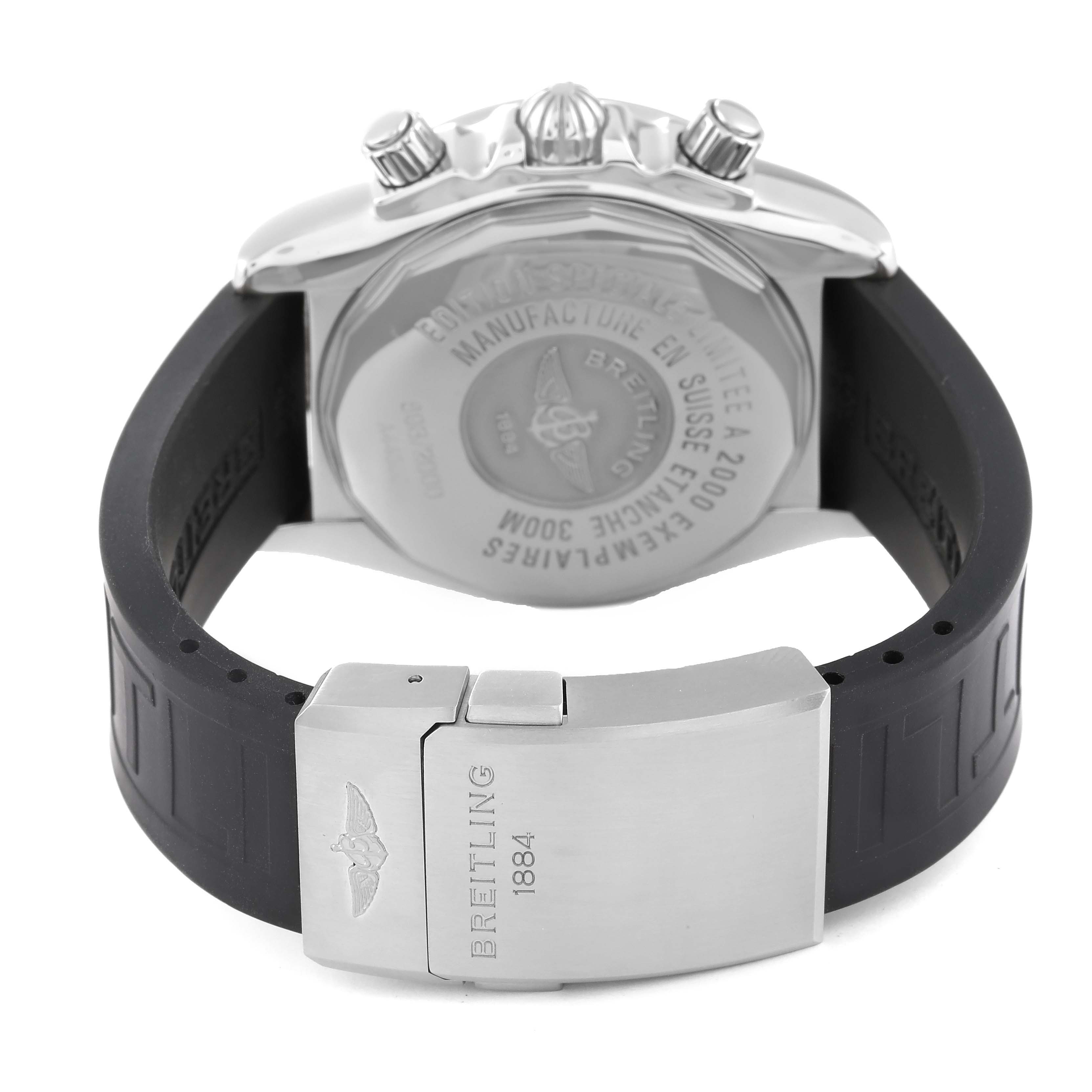 The image shows the back case and clasp of a Breitling Chronomat A44360 Men's Stainless Steel Black Dial A44360 Men's Stainless Steel Black Dial watch with a black strap.