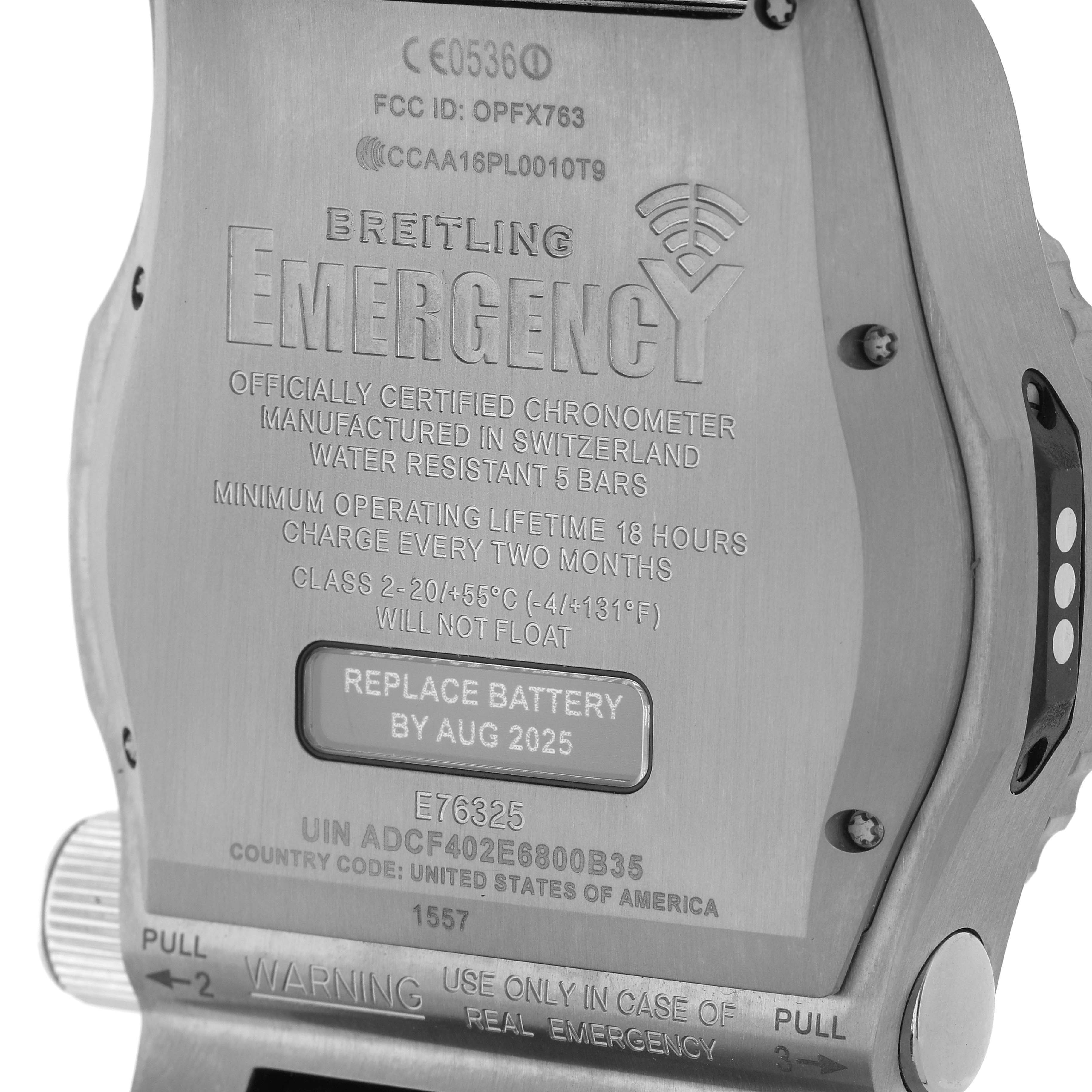 The image shows the back of a Breitling Professional Series E76325 Men's Titanium Orange Dial E76325 Men's Titanium Orange Dial Emergency model watch, highlighting its engravings and specifications.