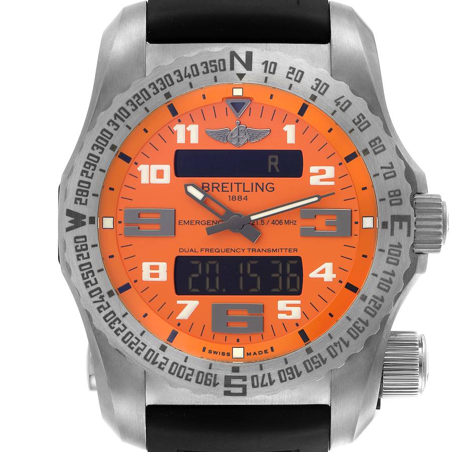 The Breitling Professional Series watch is shown from the front, highlighting its orange dial and pushers.