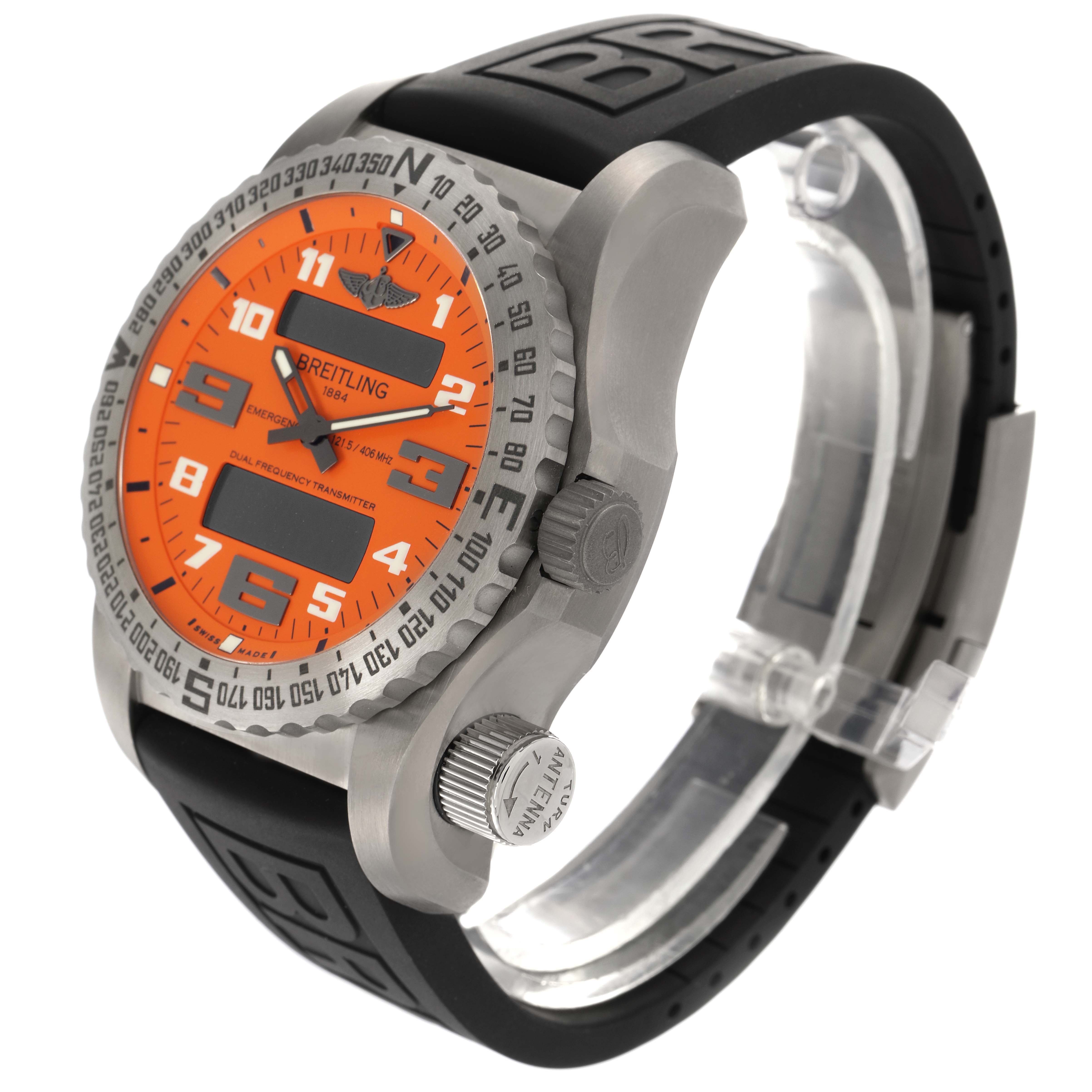 The Breitling Professional Series E76325 Men's Titanium Orange Dial E76325 Men's Titanium Orange Dial watch is shown at an angle displaying the orange dial, bezel, crown, and black strap.