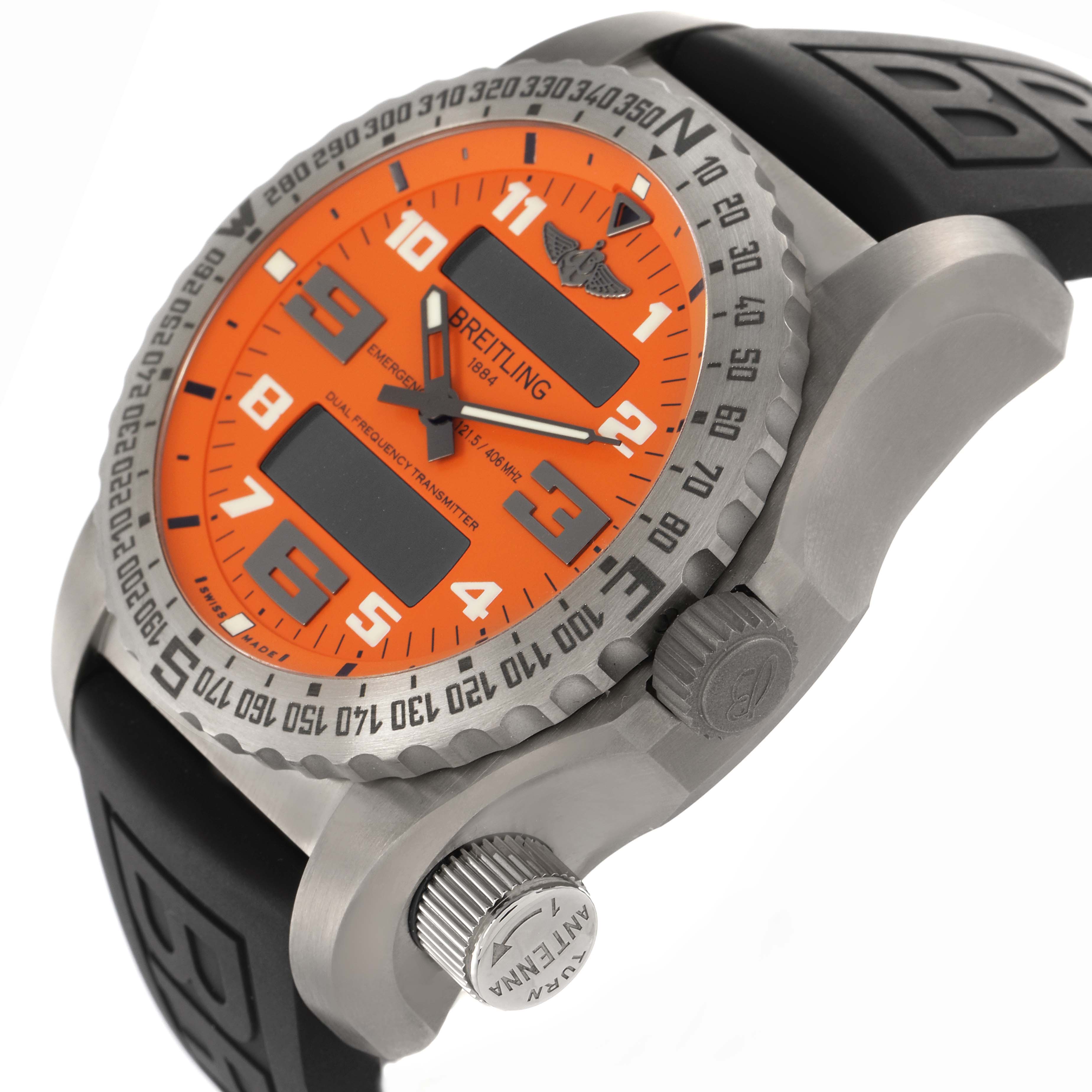 The Breitling Professional Series E76325 Men's Titanium Orange Dial E76325 Men's Titanium Orange Dial watch is shown at a side angle, displaying the orange dial, bezel, and crown.
