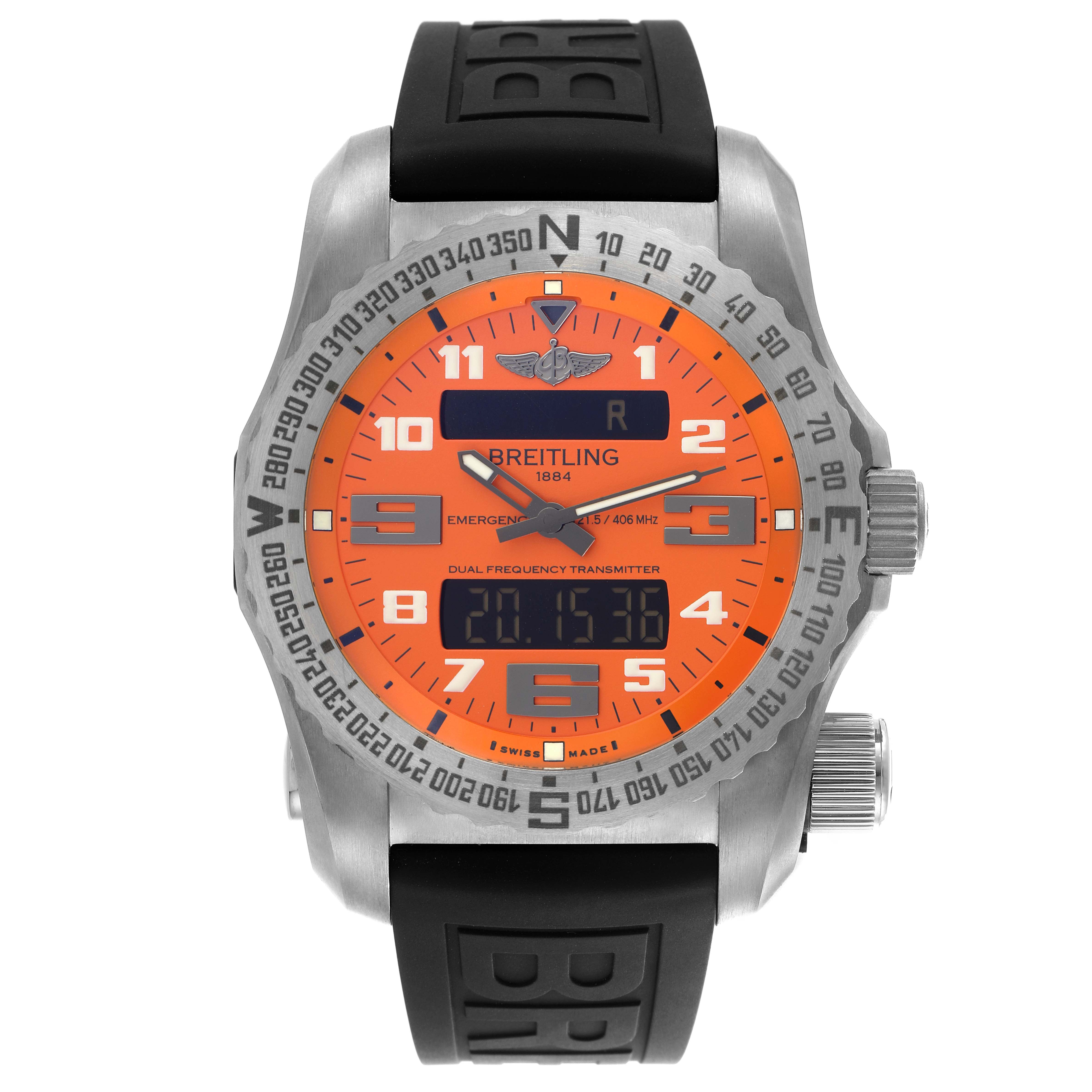 The Breitling Professional Series E76325 Men's Titanium Orange Dial E76325 Men's Titanium Orange Dial watch is shown from the front, displaying its dial, case, and crown.