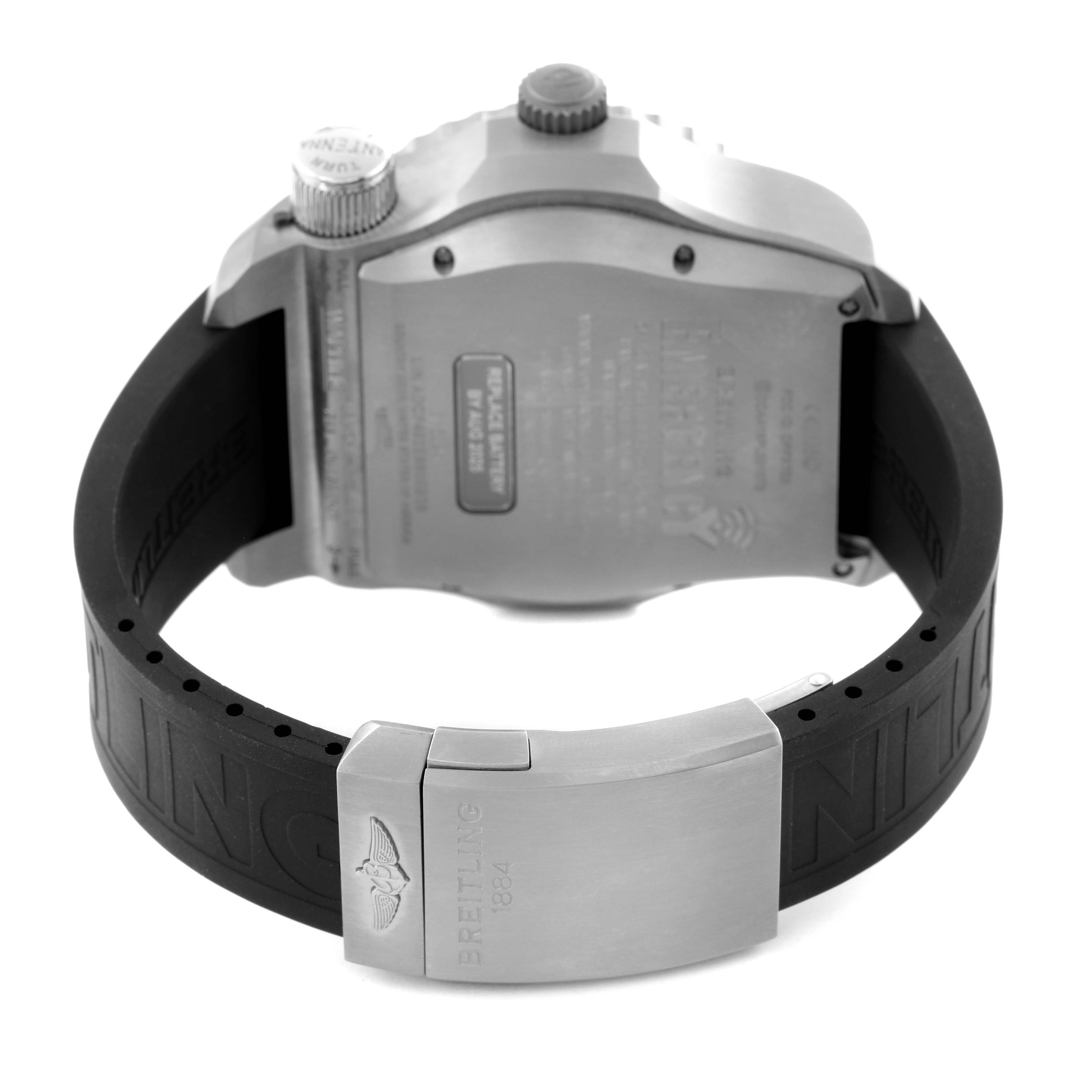 The image shows the Breitling Professional Series E76325 Men's Titanium Orange Dial E76325 Men's Titanium Orange Dial watch from a rear angle, highlighting the case back, crown, and clasp on the strap.