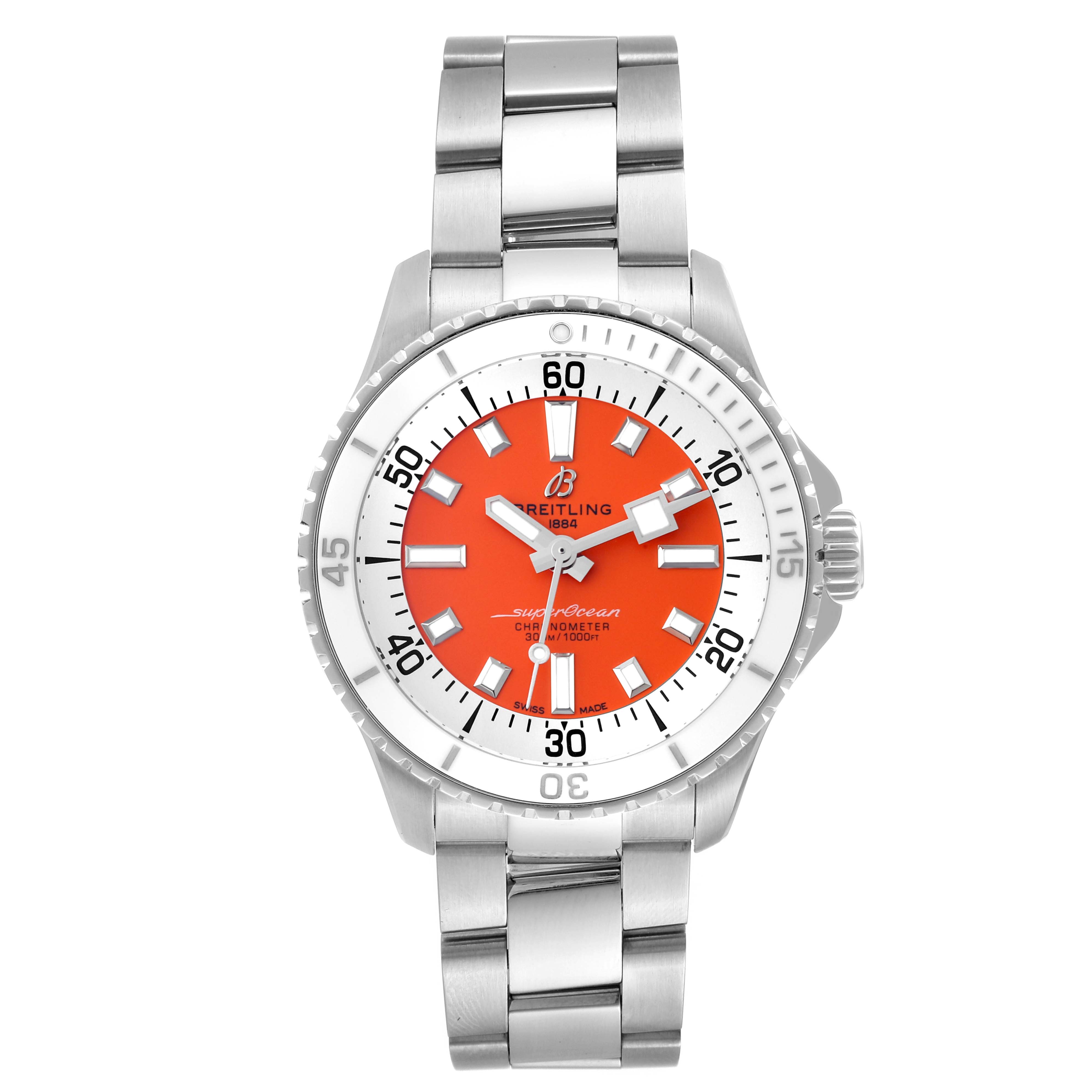 The Breitling A17377 Women's Stainless Steel Orange Dial A17377 Women's Stainless Steel Orange Dial Superocean 36 White Orange Dial Steel Ladies Watch A17377 is shown from the front, displaying its dial, bezel, and bracelet.