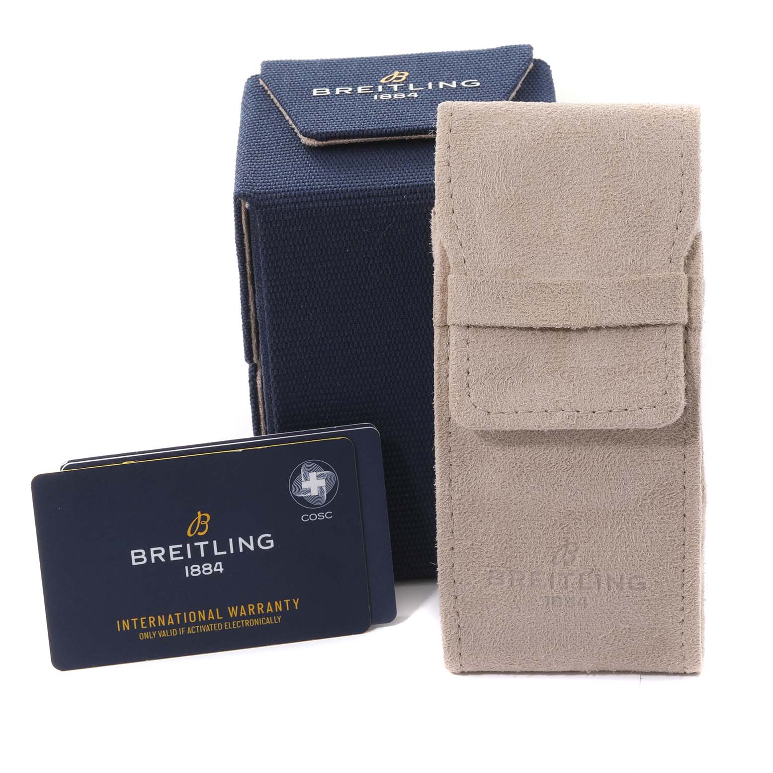 The image shows the box, warranty card, and a suede pouch for the Breitling A17377 Women's Stainless Steel Orange Dial A17377 Women's Stainless Steel Orange Dial Superocean 36 White Orange Dial Steel Ladies Watch A17377.