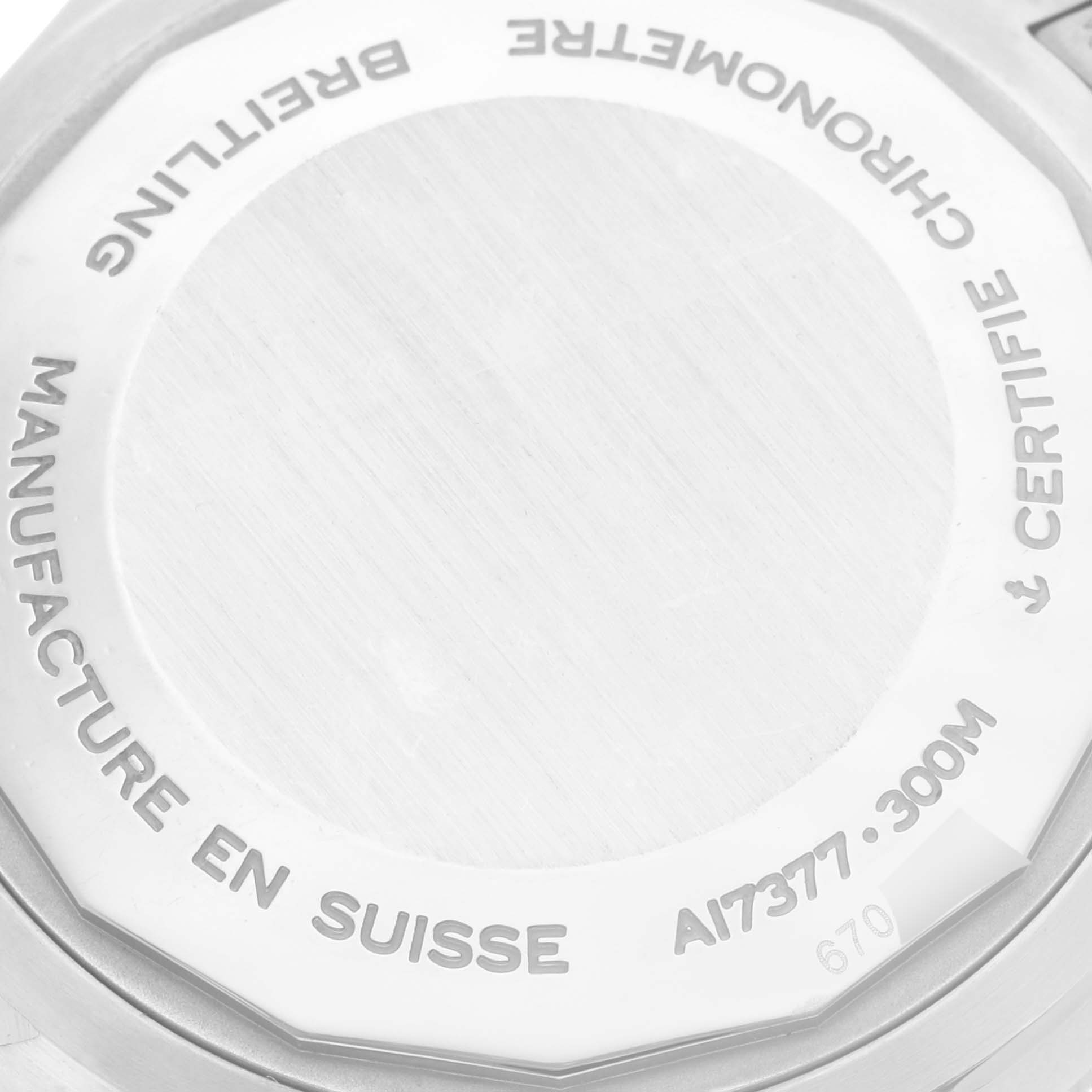 The image shows the case back of the Breitling A17377 Women's Stainless Steel Orange Dial A17377 Women's Stainless Steel Orange Dial Superocean 36 A17377 with engraved details.