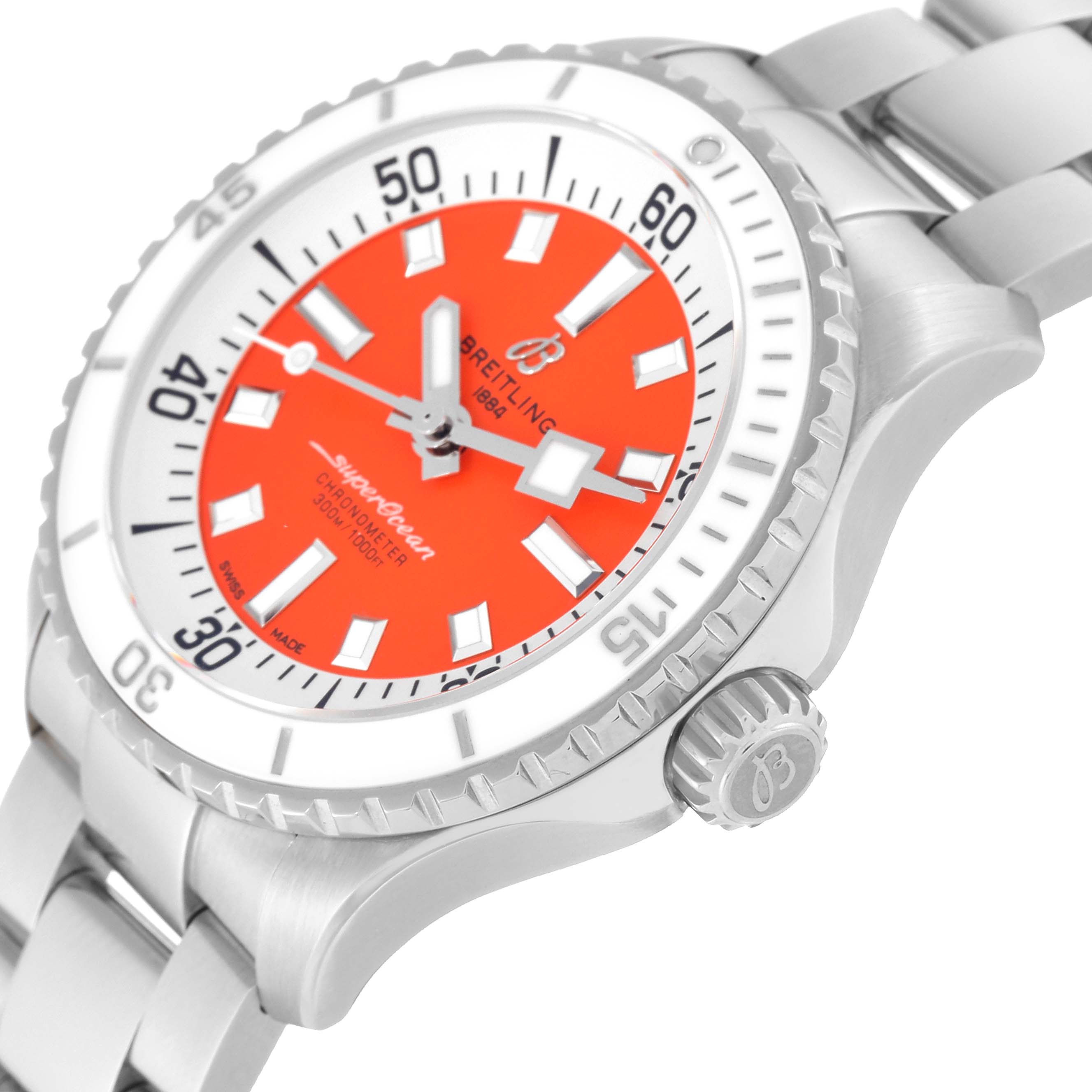 This Breitling A17377 Women's Stainless Steel Orange Dial A17377 Women's Stainless Steel Orange Dial Superocean 36 A17377 Ladies Watch is shown at an oblique angle, featuring its orange dial, bezel, and crown.