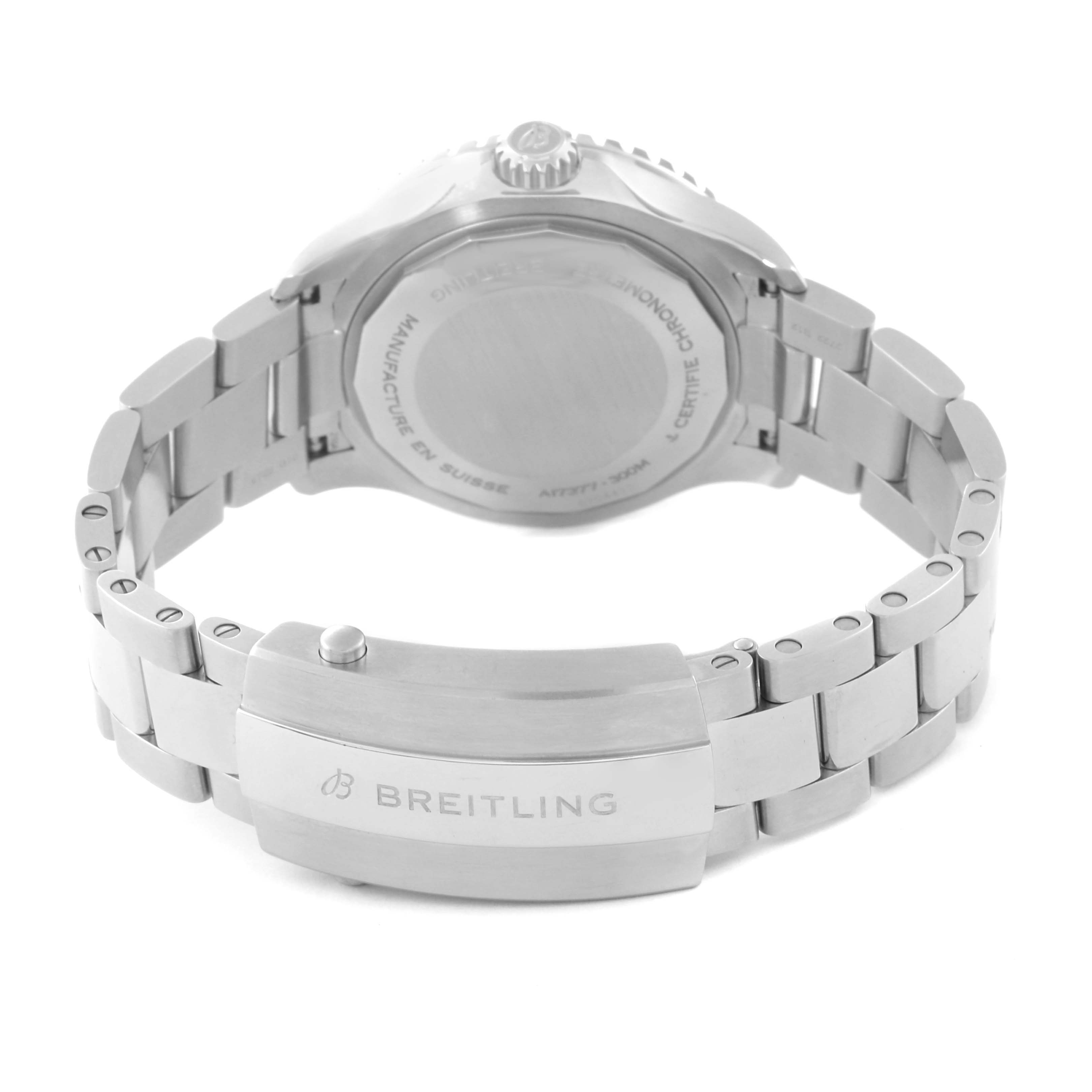 The image shows the back view of the Breitling A17377 Women's Stainless Steel Orange Dial A17377 Women's Stainless Steel Orange Dial Superocean 36 White Orange Dial Steel Ladies Watch A17377, highlighting the bracelet and clasp.