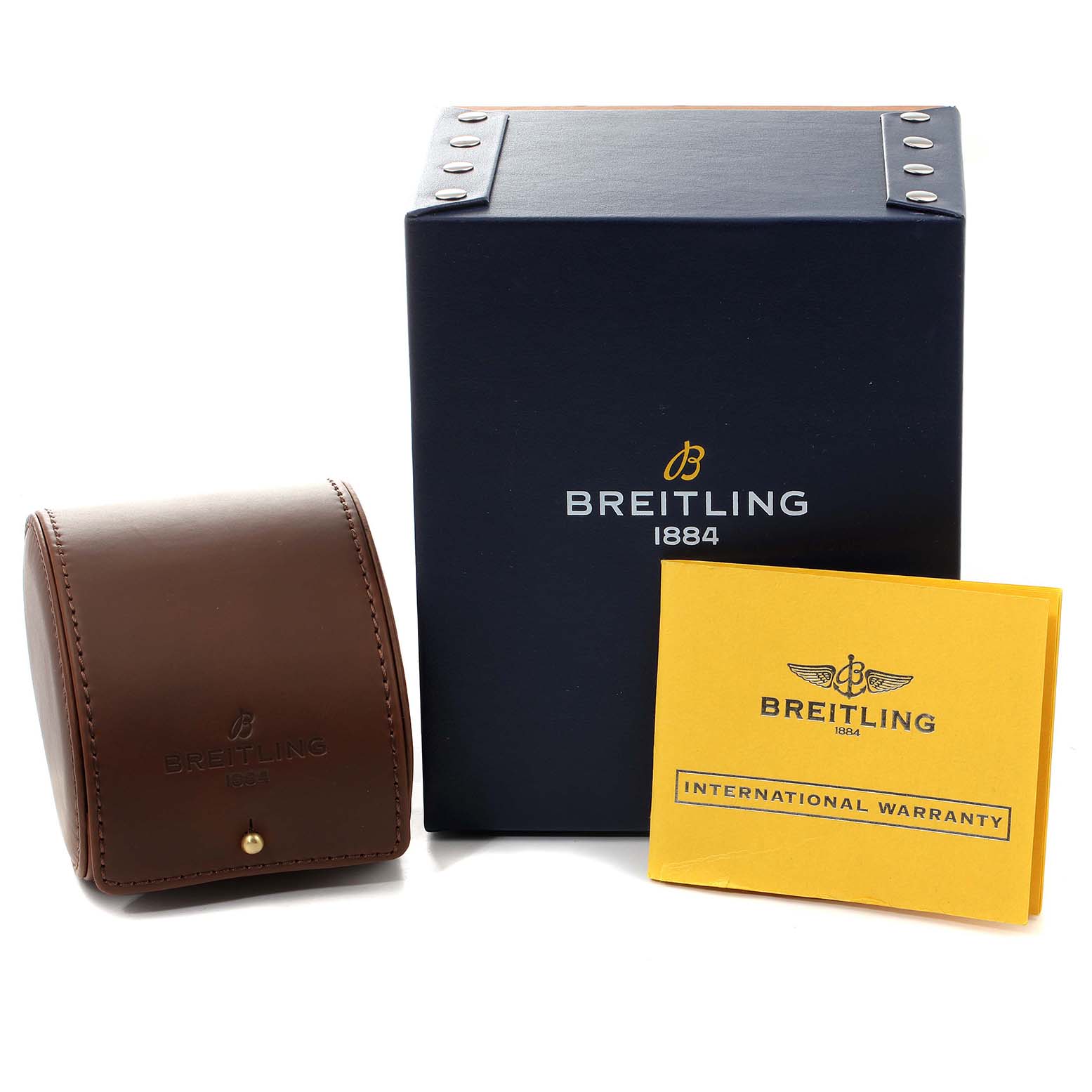 The image shows the packaging, a leather case, and an international warranty card for the Breitling Superocean A17321 Men
s Stainless Steel Silver Dial A17321 Men
s Stainless Steel Silver Dial watch.