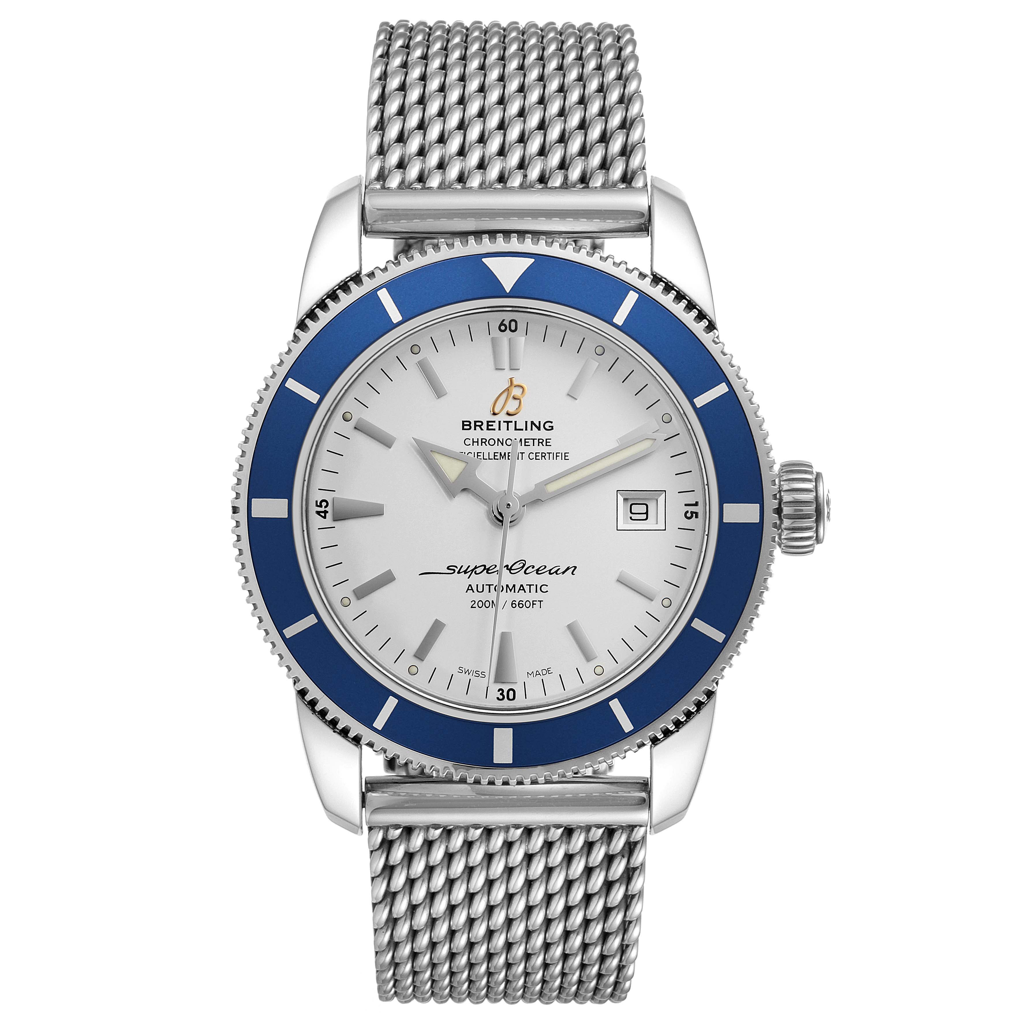 The Breitling Superocean A17321 Men
s Stainless Steel Silver Dial A17321 Men
s Stainless Steel Silver Dial watch is shown from a front view, displaying the dial, bezel, crown, and metal mesh bracelet.