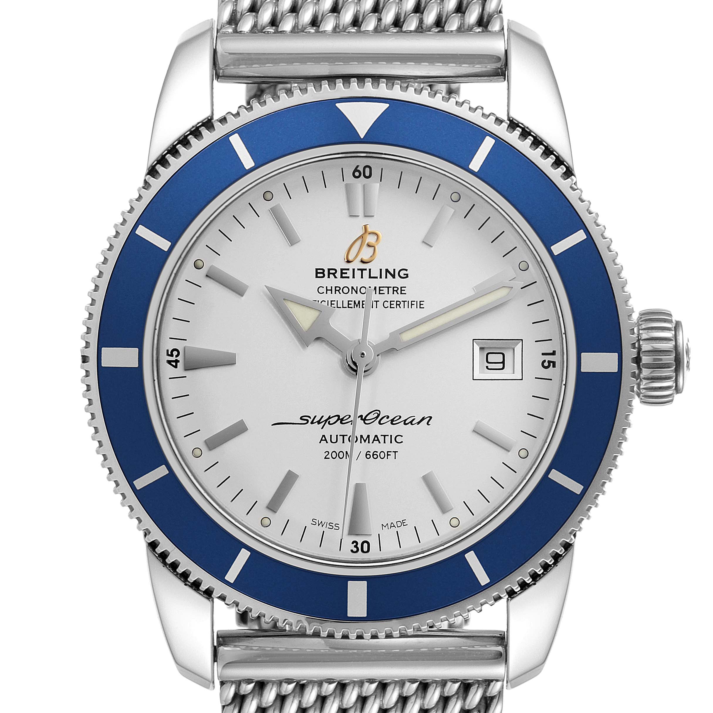 This is a close-up of the Breitling Superocean A17321 Men
s Stainless Steel Silver Dial A17321 Men
s Stainless Steel Silver Dial watch showing the face, bezel, crown, and part of the metallic band.