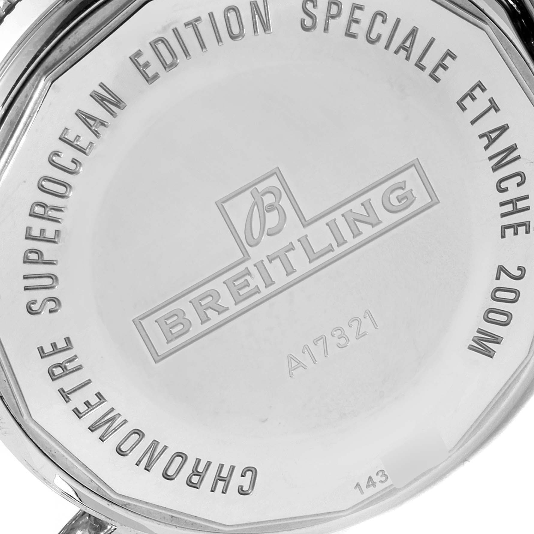 The image shows the case back of a Breitling Superocean A17321 Men
s Stainless Steel Silver Dial A17321 Men
s Stainless Steel Silver Dial watch, highlighting its engravings and model details.