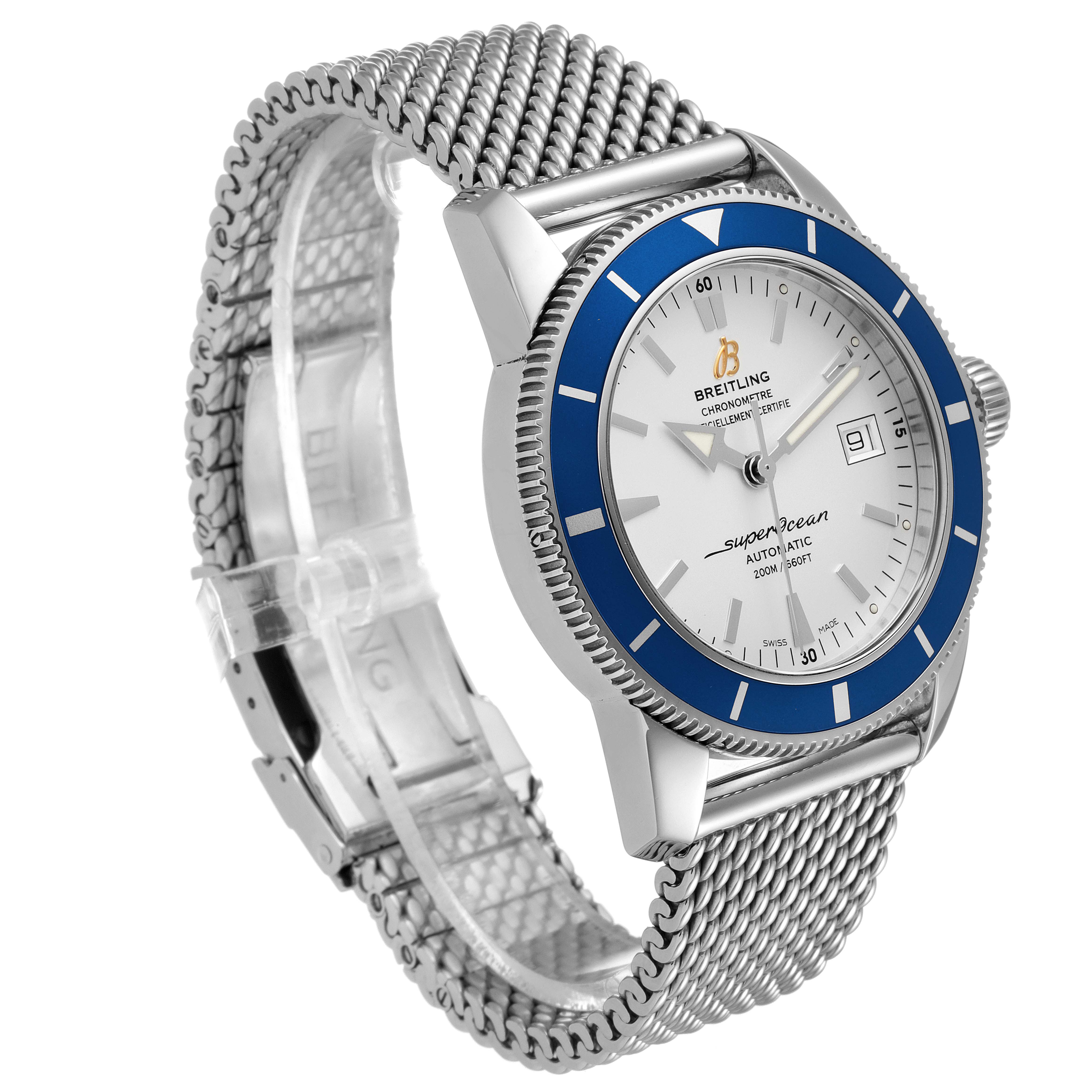 This image shows a Breitling Superocean A17321 Men
s Stainless Steel Silver Dial A17321 Men
s Stainless Steel Silver Dial watch angled to display the face, bezel, bracelet, and partial clasp.