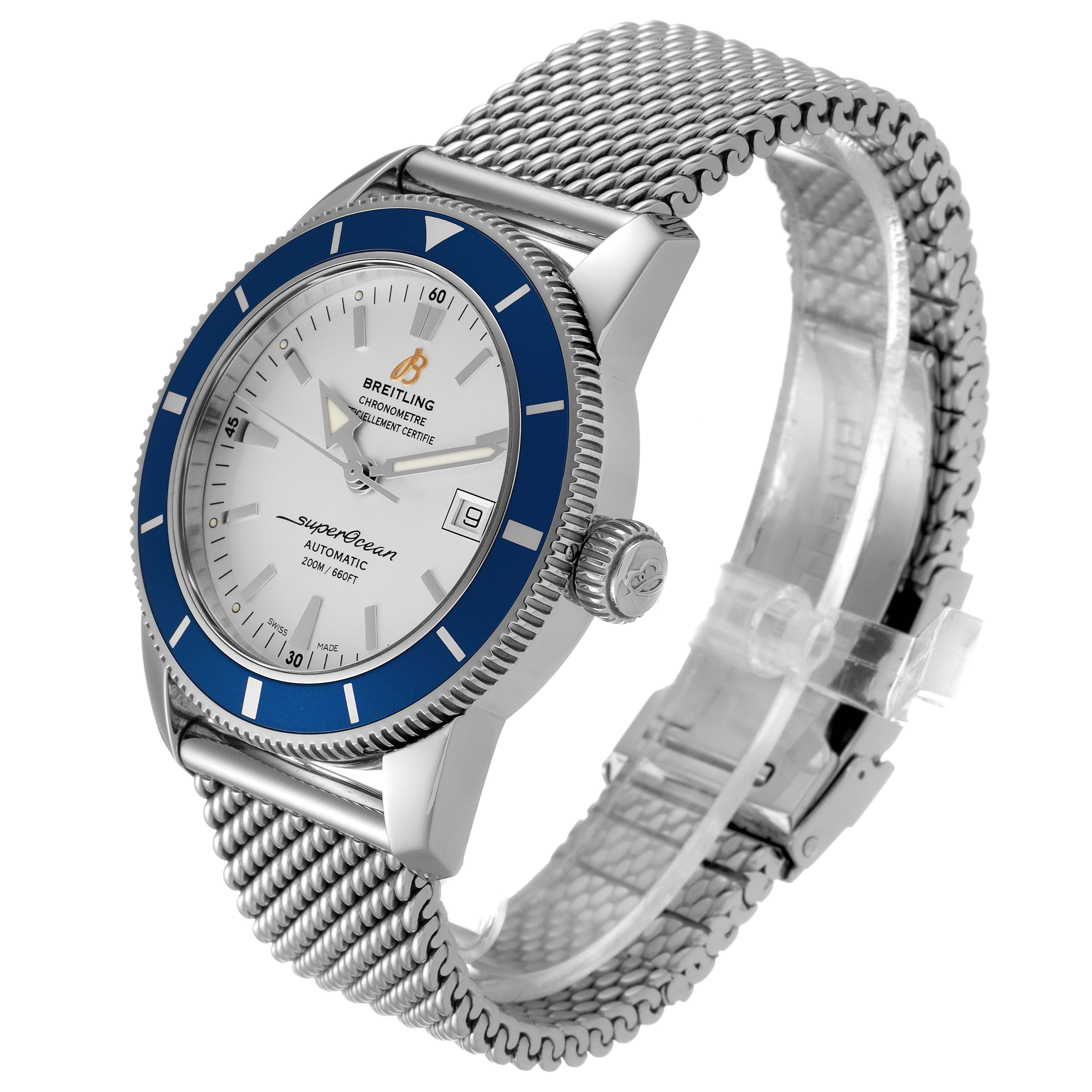 The image shows a side angle view of the Breitling Superocean A17321 Men
s Stainless Steel Silver Dial A17321 Men
s Stainless Steel Silver Dial watch, highlighting its face, bezel, crown, and mesh bracelet.