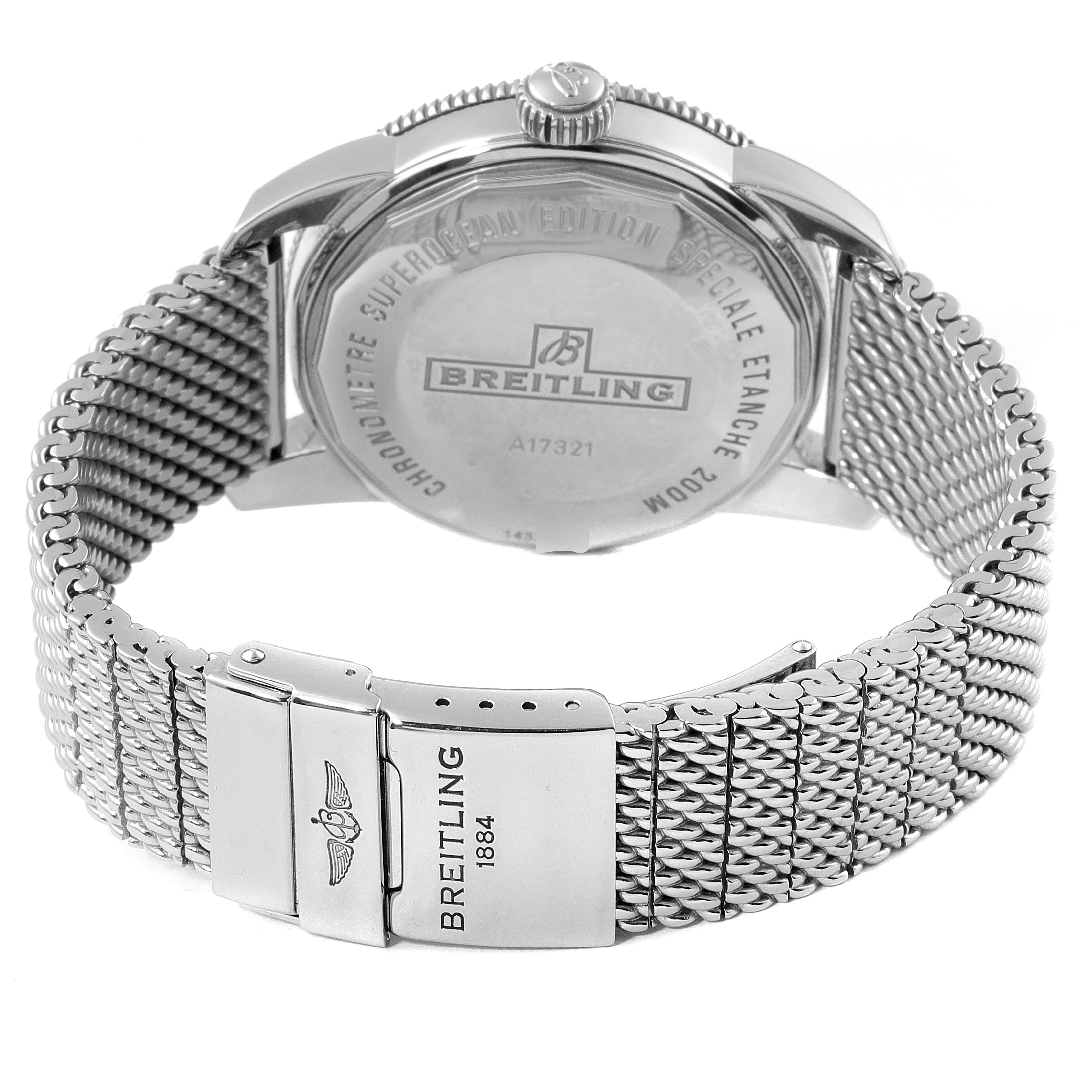 The image shows the back and bracelet of a Breitling Superocean A17321 Men
s Stainless Steel Silver Dial A17321 Men
s Stainless Steel Silver Dial watch, highlighting the clasp and case back.