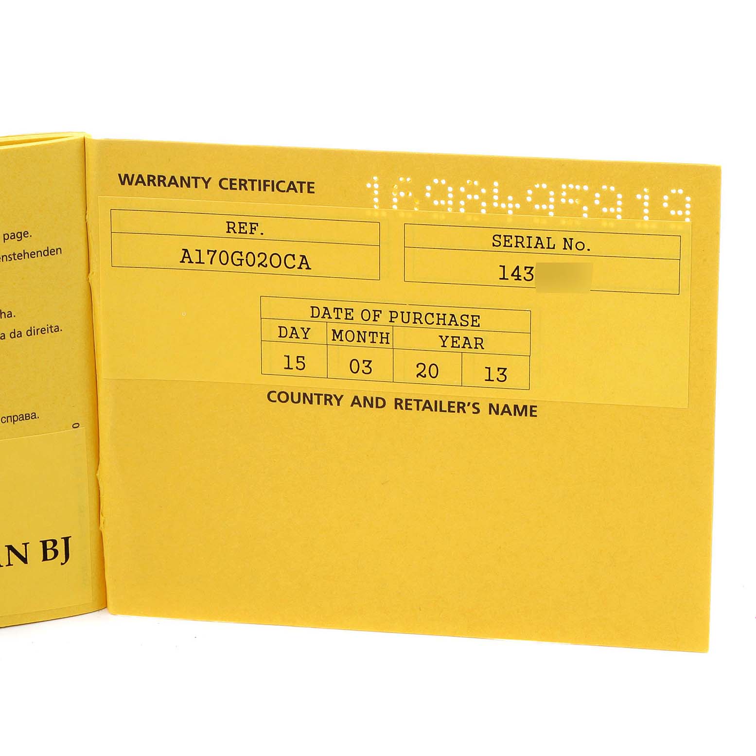 The image shows the warranty certificate for a Breitling Superocean A17321 Men
s Stainless Steel Silver Dial A17321 Men
s Stainless Steel Silver Dial model watch.