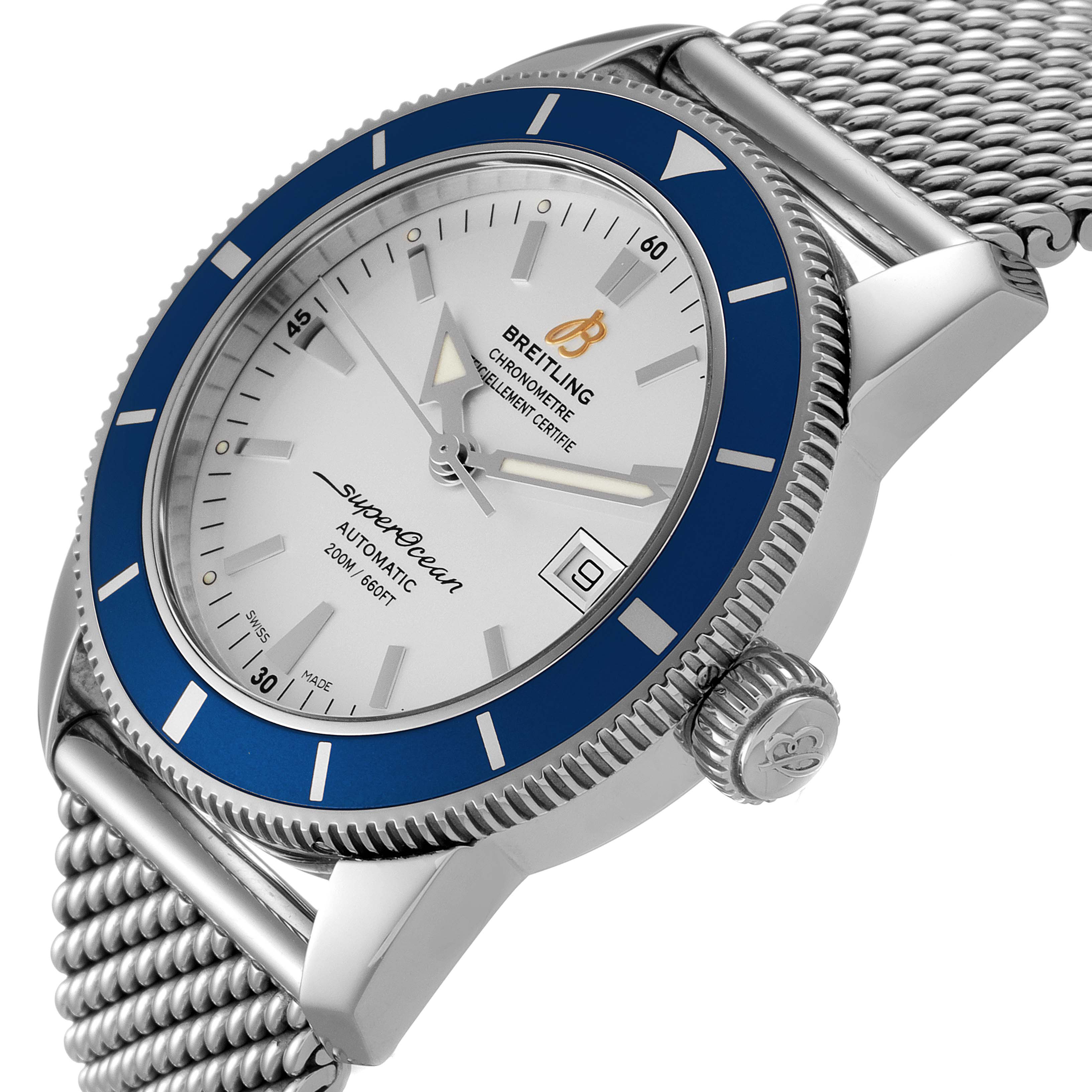 The angle shows a close-up of the Breitling Superocean A17321 Men
s Stainless Steel Silver Dial A17321 Men
s Stainless Steel Silver Dial watch face, bezel, crown, and part of the mesh strap.