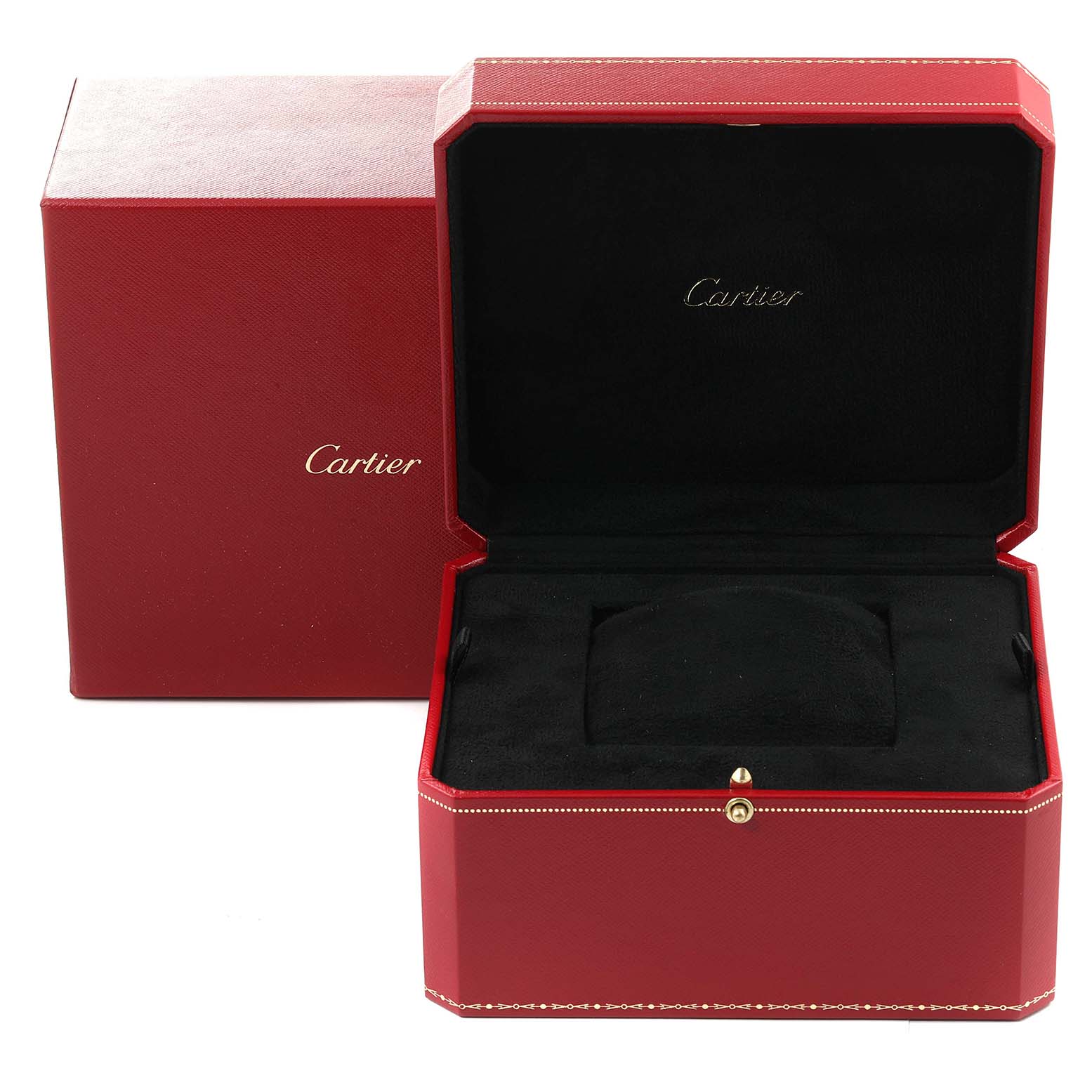 The image shows an open red Cartier box for the Baignoire model, with its lid lifted and black interior visible.