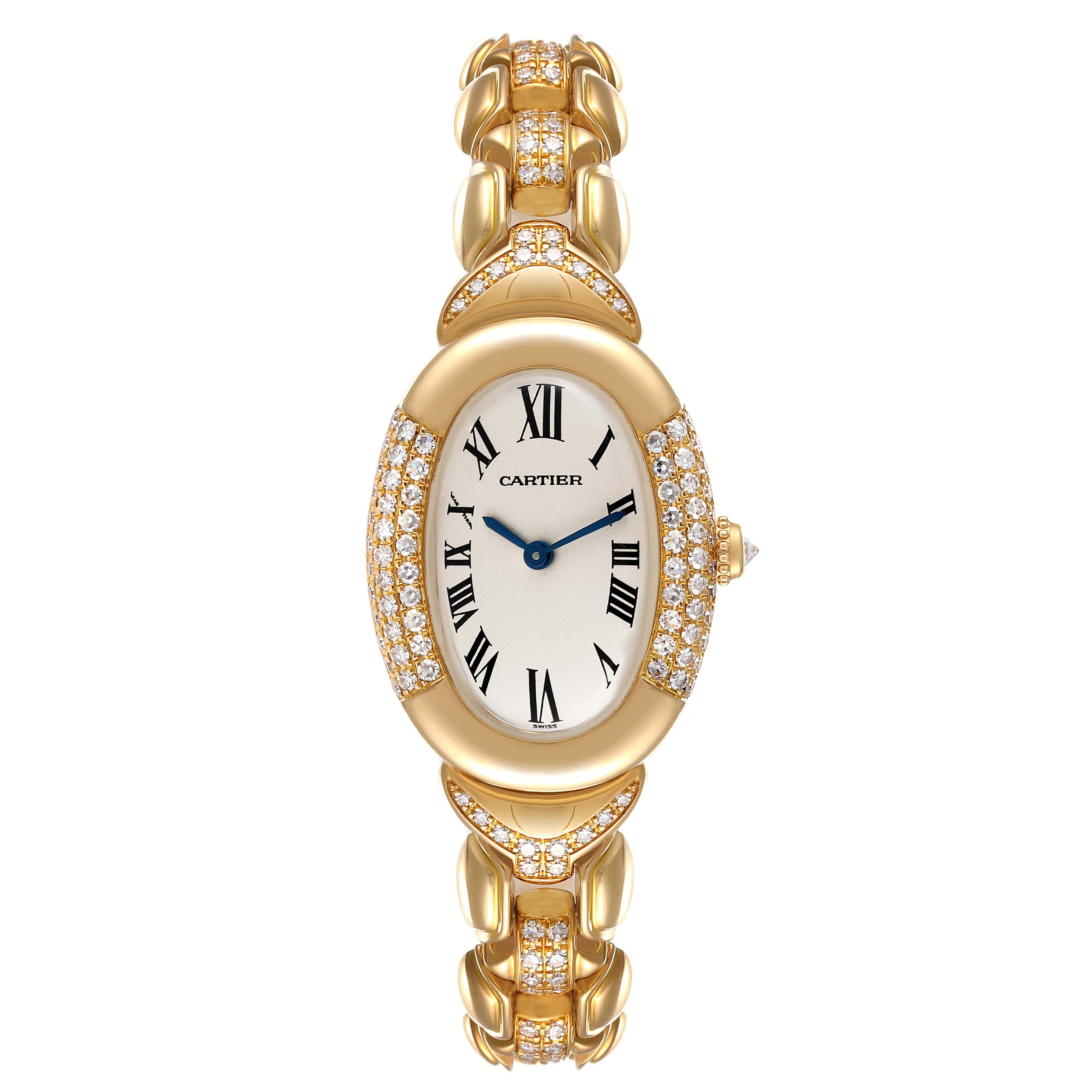The image shows a front view of the Cartier Baignoire 1812 Women's Yellow Gold Silver Dial 1812 Women's Yellow Gold Silver Dial watch, displaying its face, Roman numerals, and diamond-encrusted gold band.