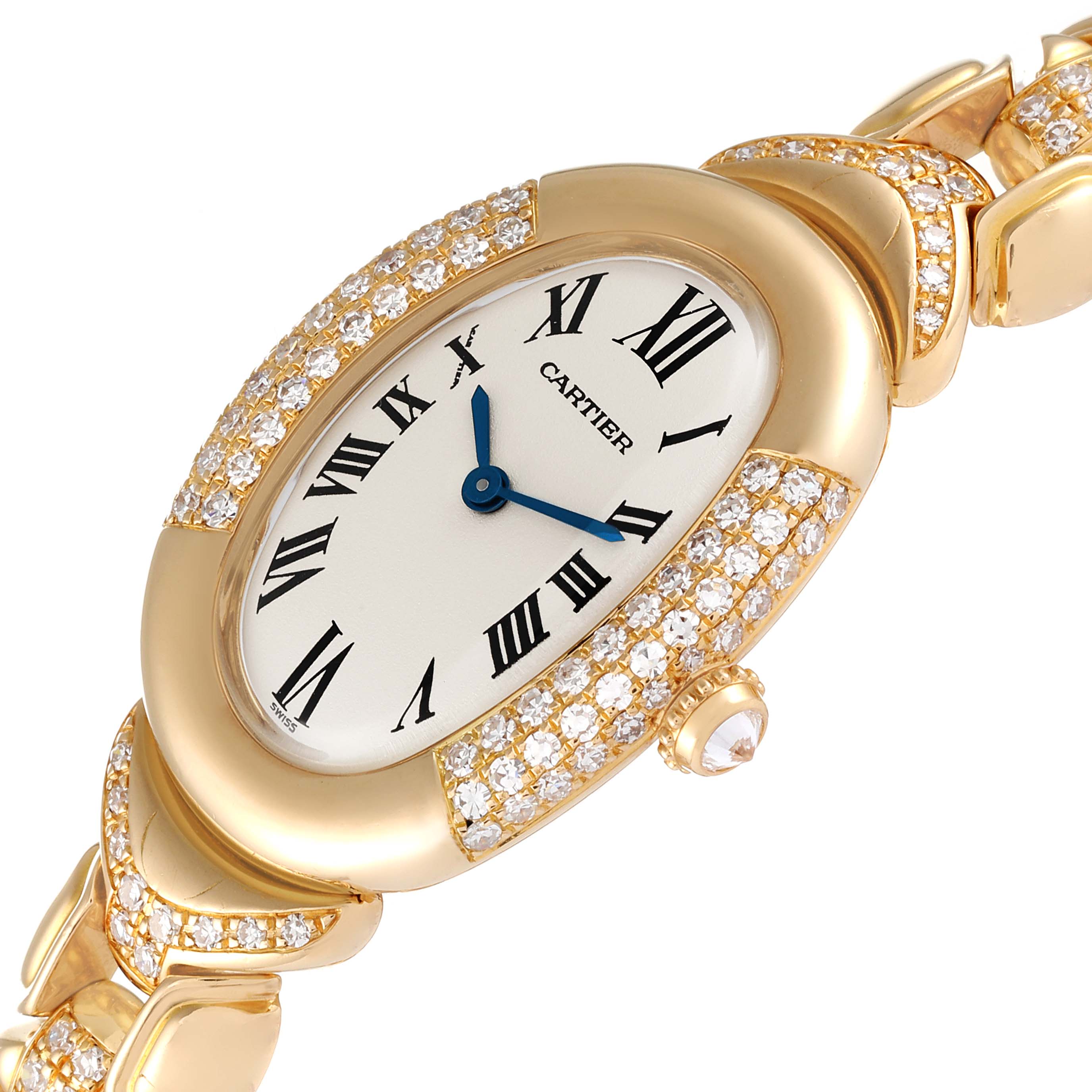 The Cartier Baignoire 1812 Women's Yellow Gold Silver Dial 1812 Women's Yellow Gold Silver Dial watch is shown at an angled close-up, displaying its face, bezel, and part of the band with diamonds.