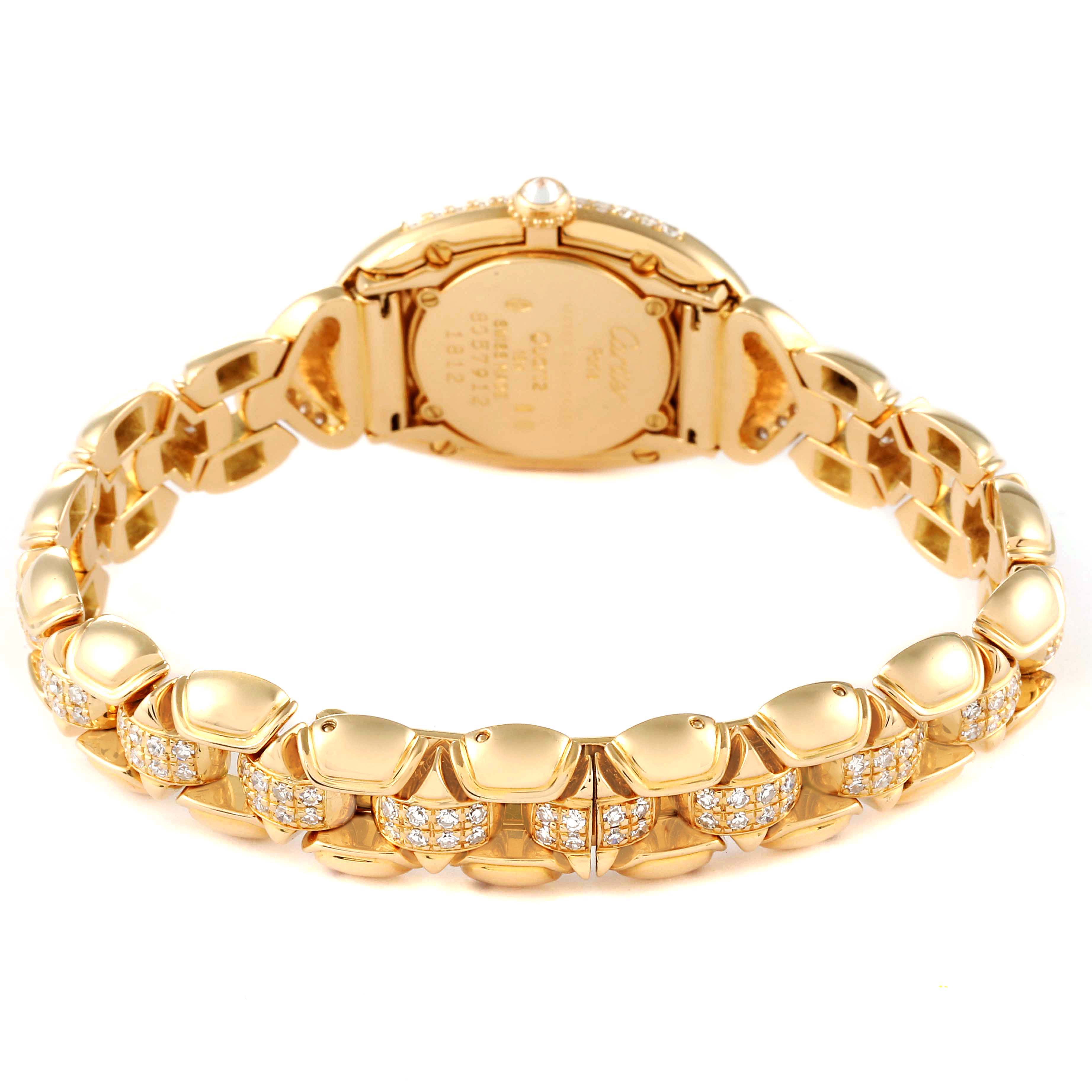 This image shows the back view of a Cartier Baignoire 1812 Women's Yellow Gold Silver Dial 1812 Women's Yellow Gold Silver Dial model watch, highlighting its gold bracelet and clasp.