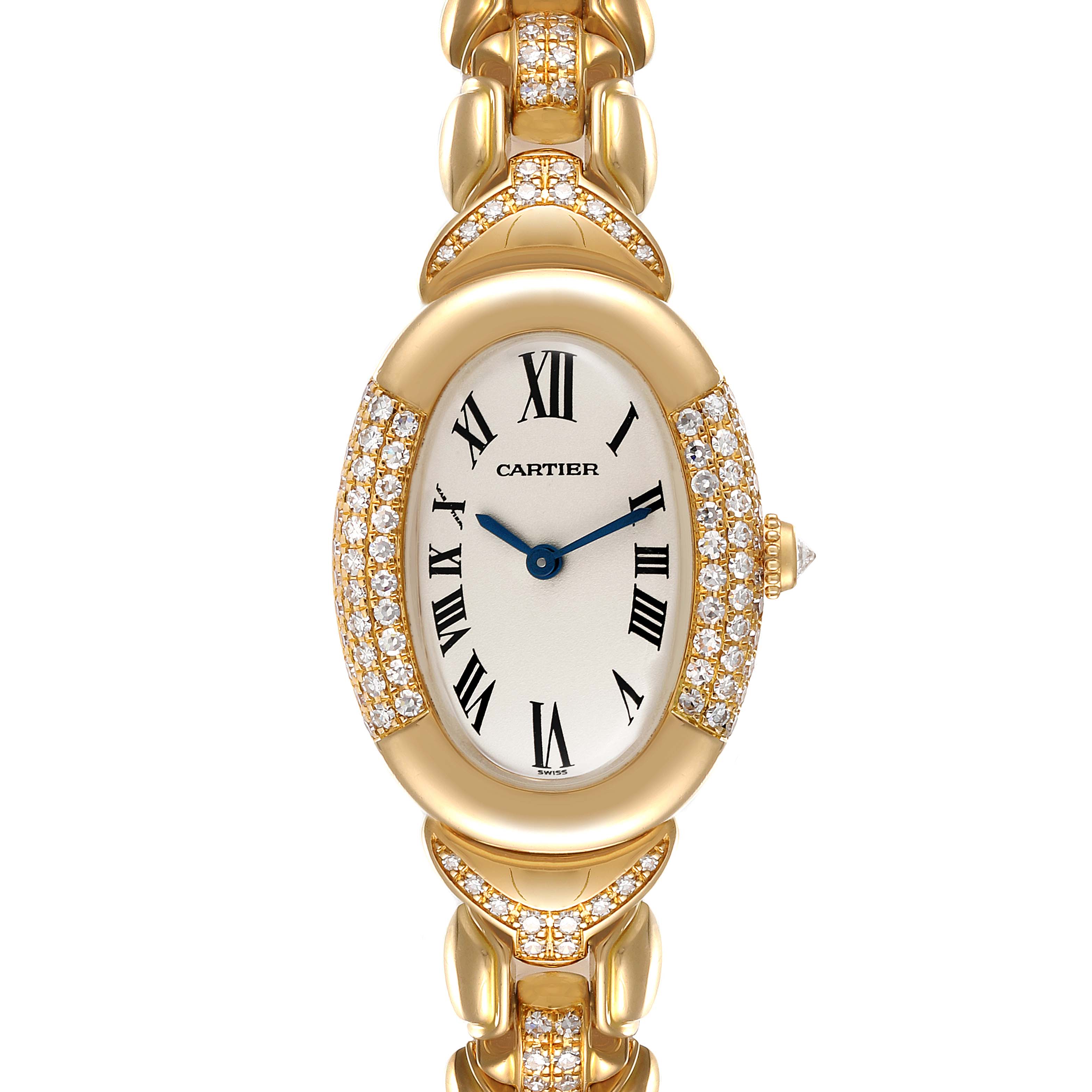 This image shows the front view of the Cartier Baignoire 1812 Women's Yellow Gold Silver Dial 1812 Women's Yellow Gold Silver Dial watch, highlighting its oval dial and diamond-studded band.