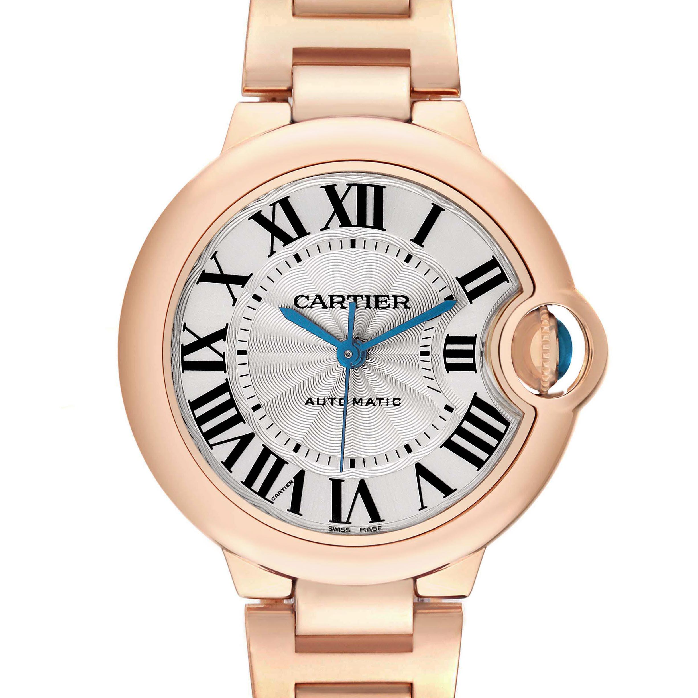The image shows a front view of the Cartier Ballon Bleu W6920096 Women's Rose Gold Silver Dial watch, highlighting its face, hands, and part of the bracelet.