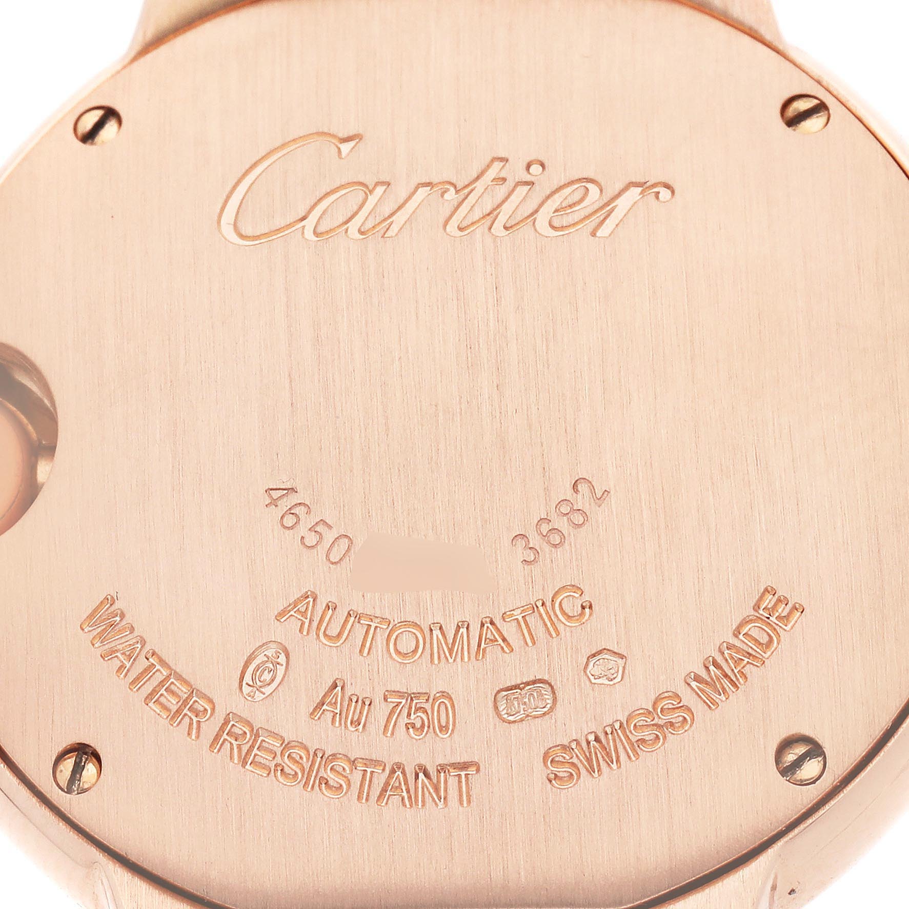 The image shows the back case of the Cartier Ballon Bleu W6920096 Women's Rose Gold Silver Dial watch, highlighting engravings and markings.