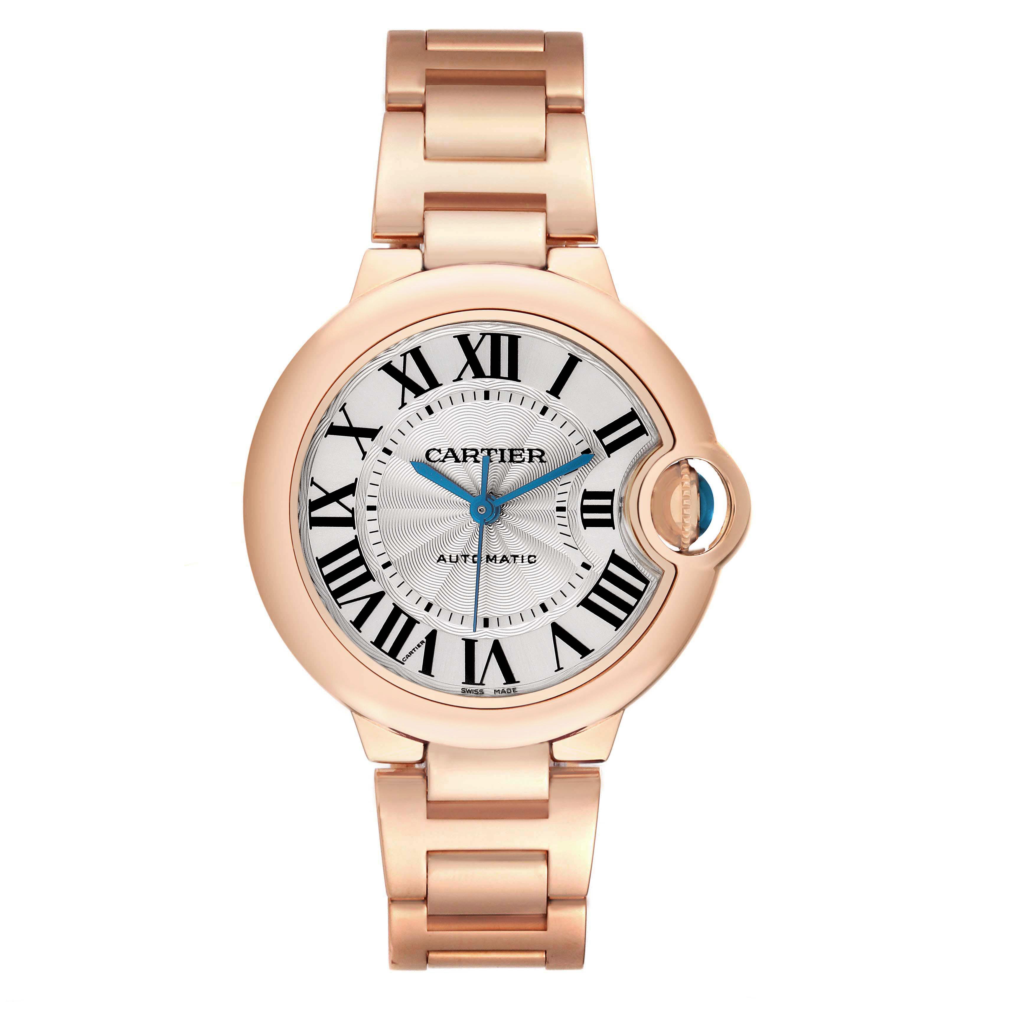 The Cartier Ballon Bleu W6920096 Women's Rose Gold Silver Dial watch is shown from the front, featuring its round face, Roman numerals, and metal bracelet.