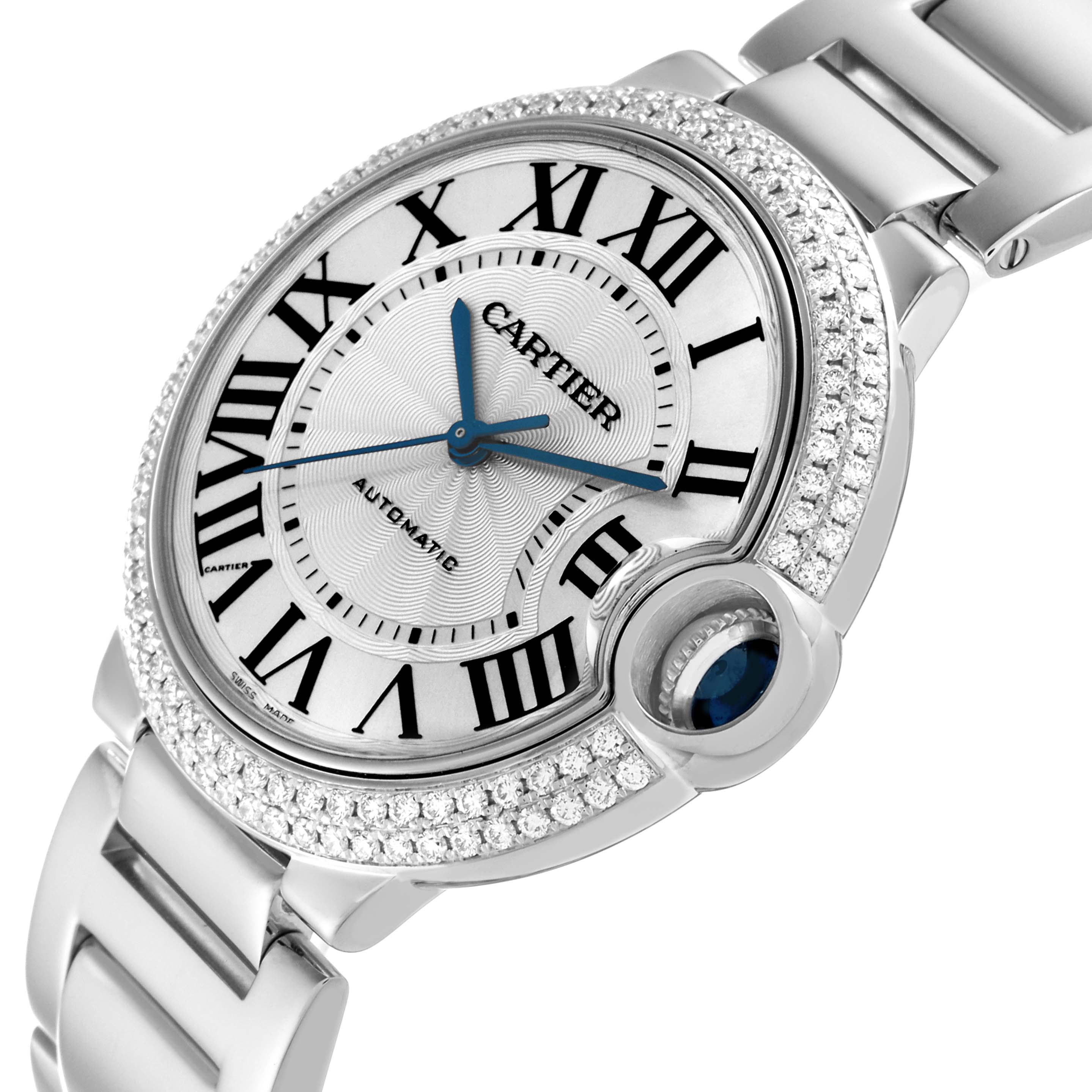 This image shows a close-up angled view of the face, bezel, and part of the band of a Cartier Ballon Bleu WE9006Z3 Men's White Gold Silver Dial WE9006Z3 Men's White Gold Silver Dial watch.