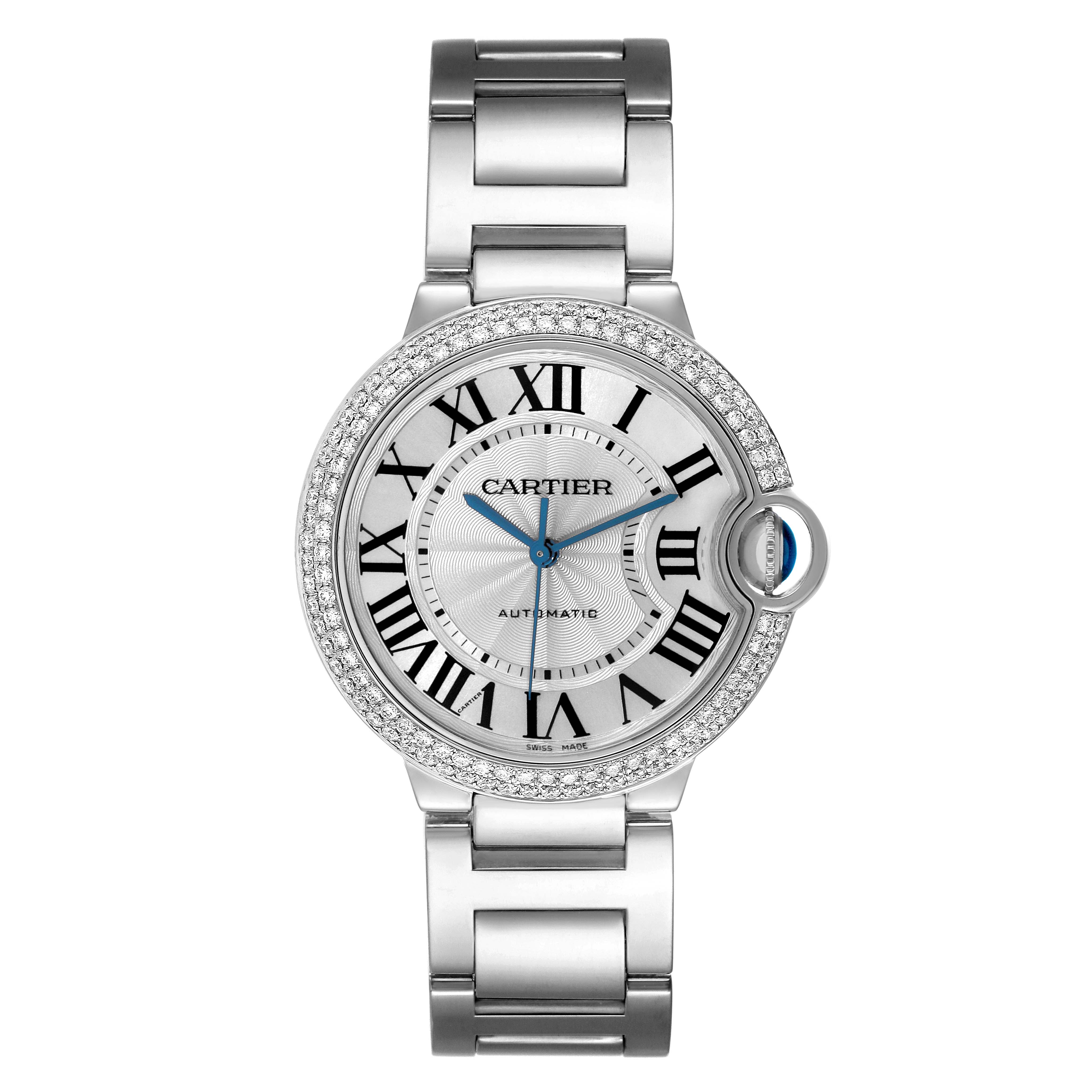 The image shows a front view of the Cartier Ballon Bleu WE9006Z3 Men's White Gold Silver Dial WE9006Z3 Men's White Gold Silver Dial watch, highlighting its face, bezel, and bracelet.