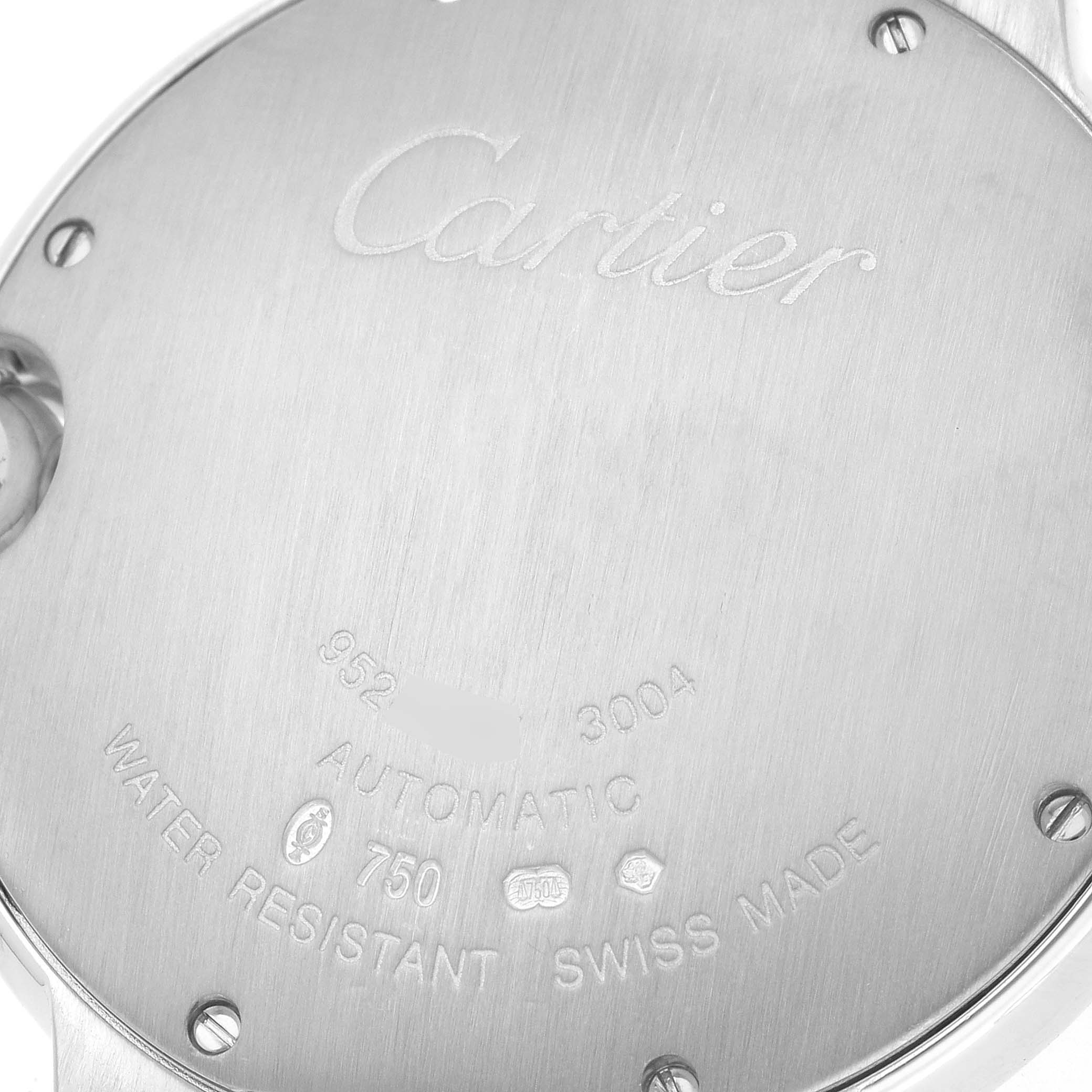 This image shows the back of a Cartier Ballon Bleu WE9006Z3 Men's White Gold Silver Dial WE9006Z3 Men's White Gold Silver Dial watch, highlighting its engravings and screw details.