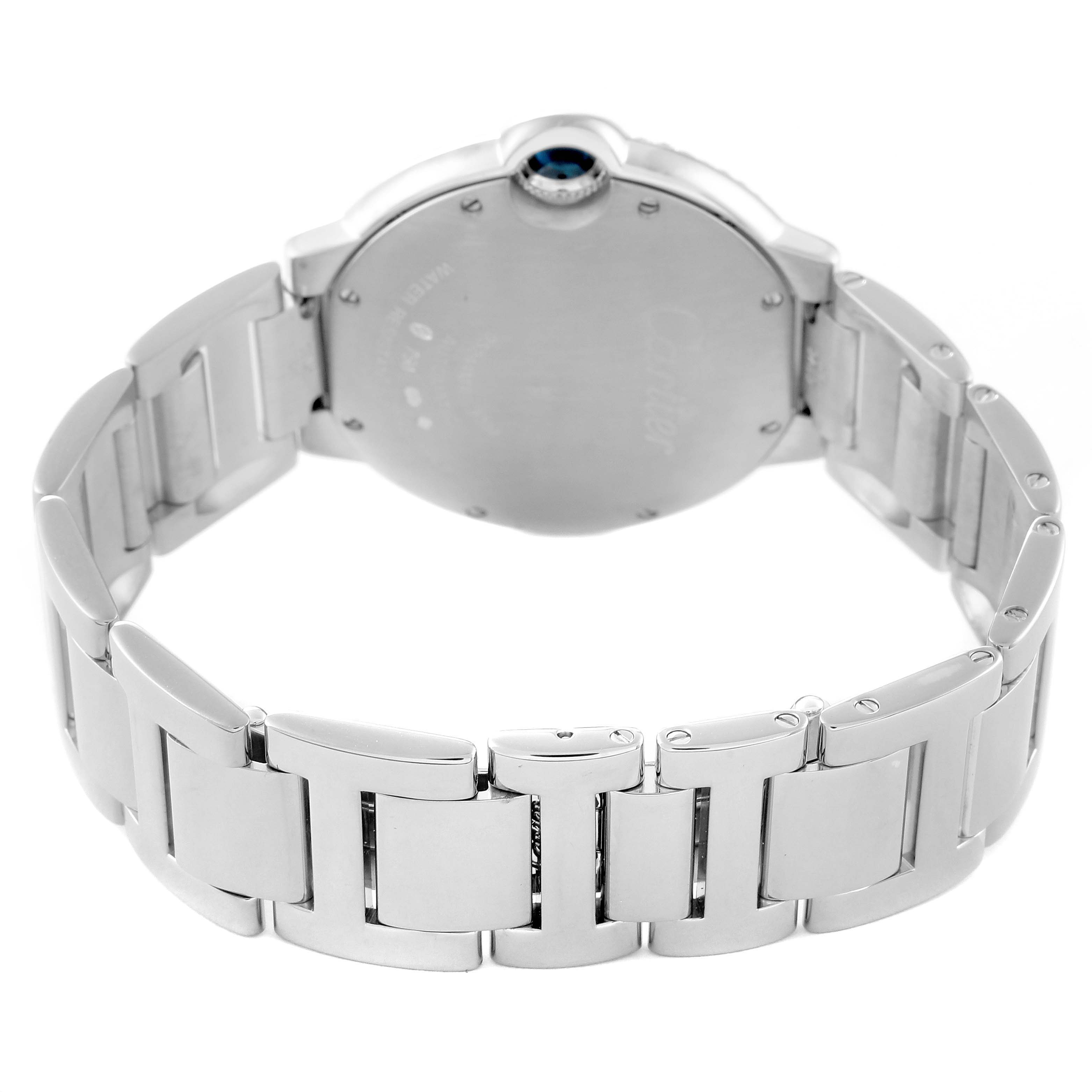 The image shows the back case and bracelet of a Ballon Bleu by Cartier watch, viewed from the rear angle.