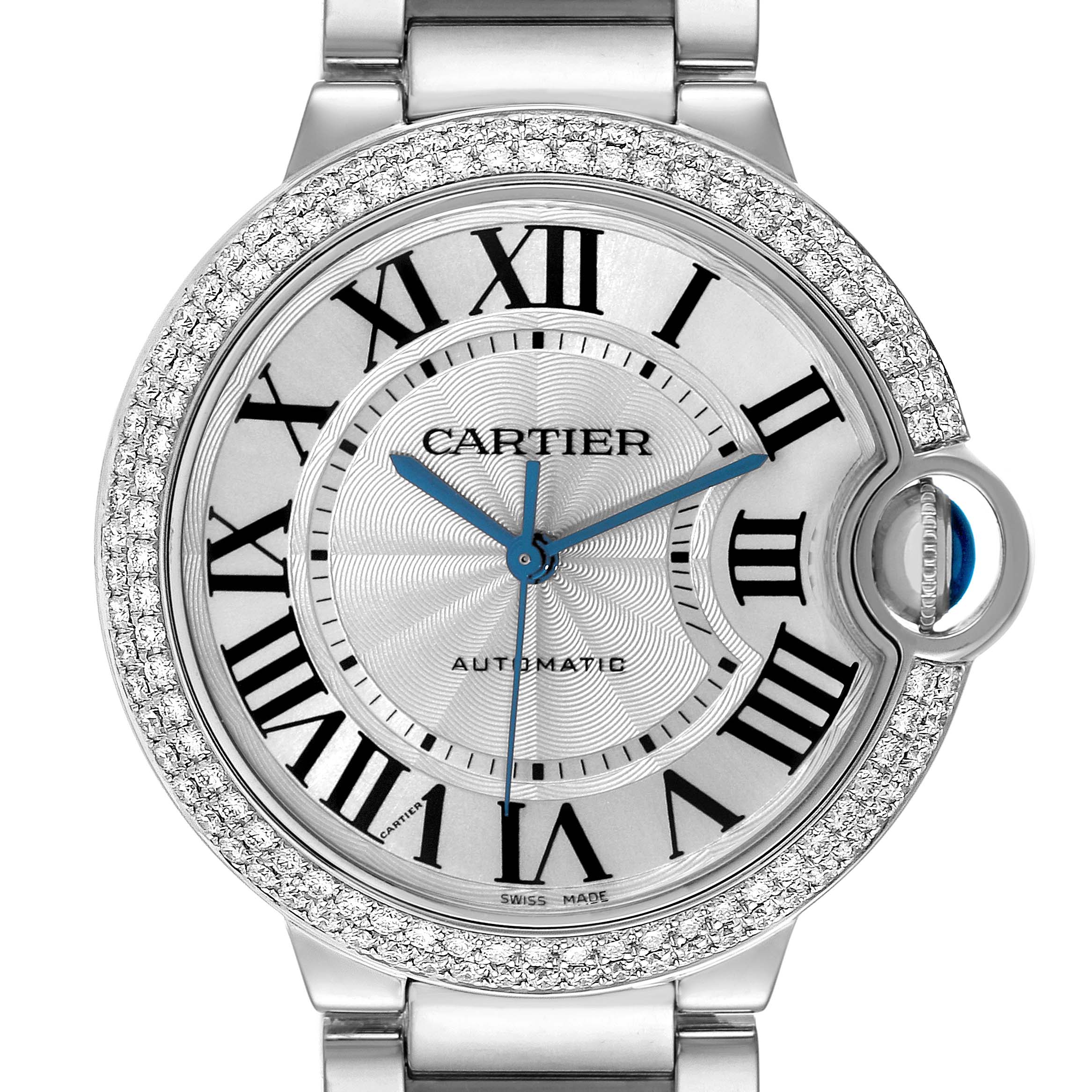 The image shows a close-up of a Cartier Ballon Bleu WE9006Z3 Men's White Gold Silver Dial WE9006Z3 Men's White Gold Silver Dial watch face, highlighting its Roman numerals, blue hands, and diamond-encrusted bezel.