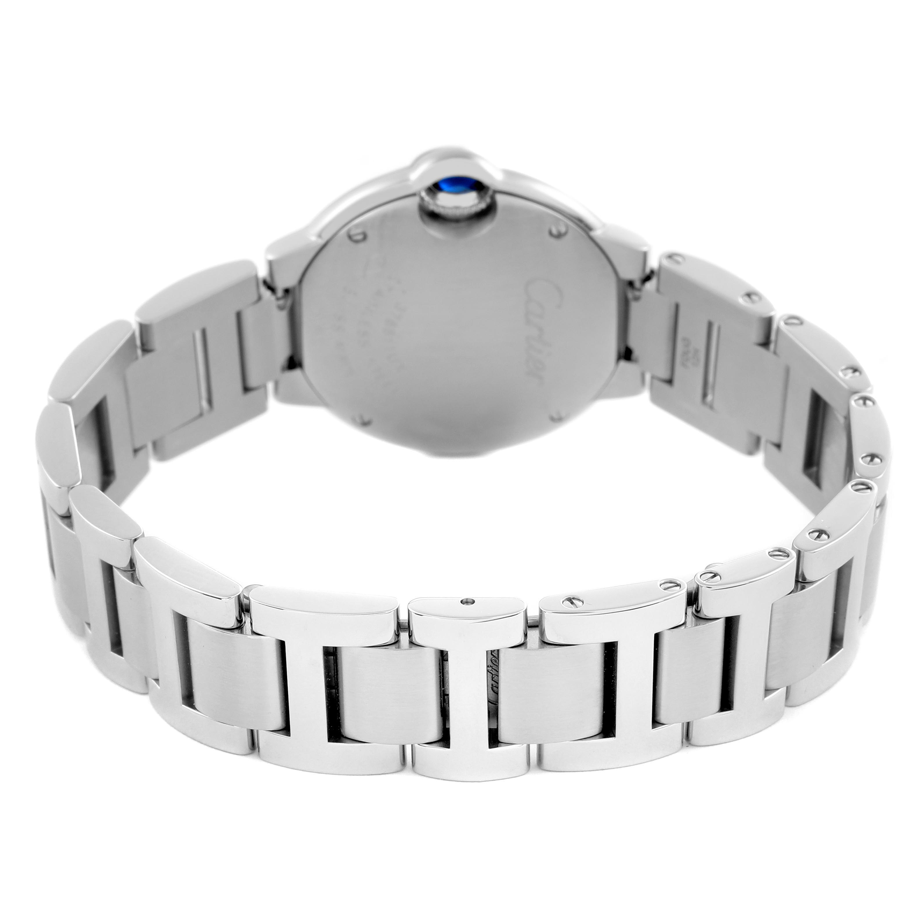 The Cartier Ballon Bleu WE902073 Women's Stainless Steel Silver Dial WE902073 Women's Stainless Steel Silver Dial watch is shown from the back, highlighting the case back and metal bracelet.