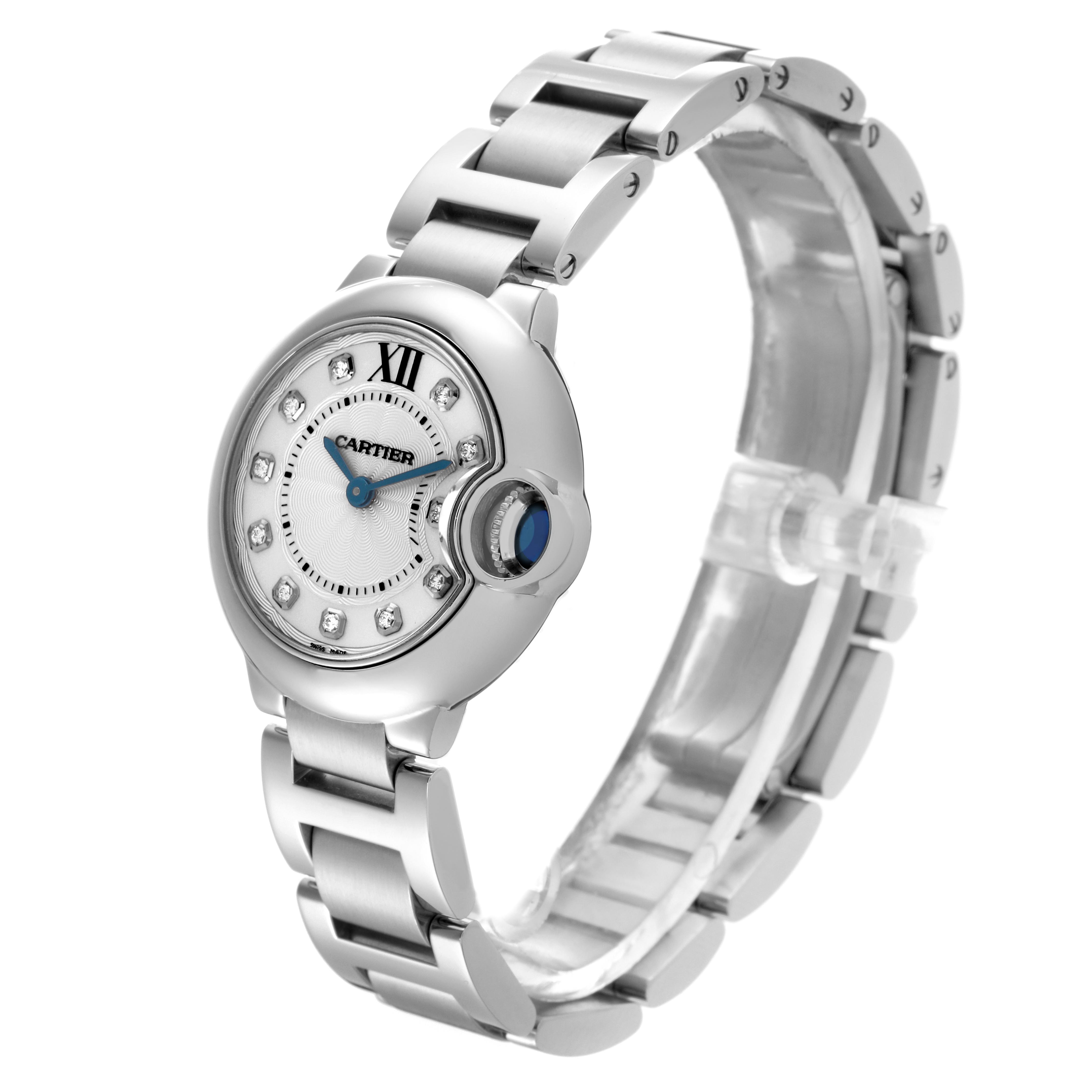 The Cartier Ballon Bleu WE902073 Women's Stainless Steel Silver Dial WE902073 Women's Stainless Steel Silver Dial watch is shown at a three-quarter angle, highlighting the face, bracelet, and signature crown.