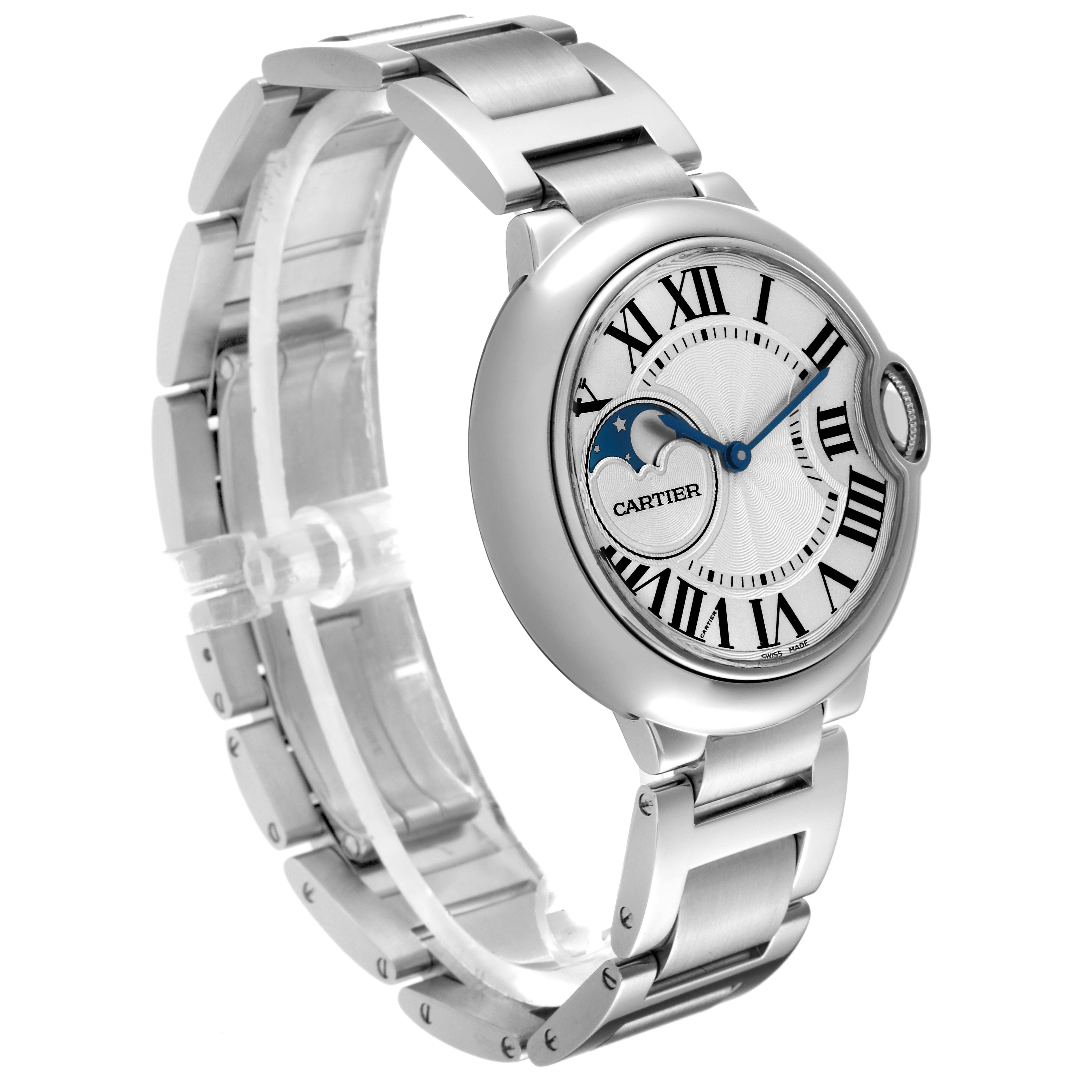 The image shows a side view of the Ballon Bleu model watch by Cartier, highlighting the bracelet, case, dial, and moon phase complication.