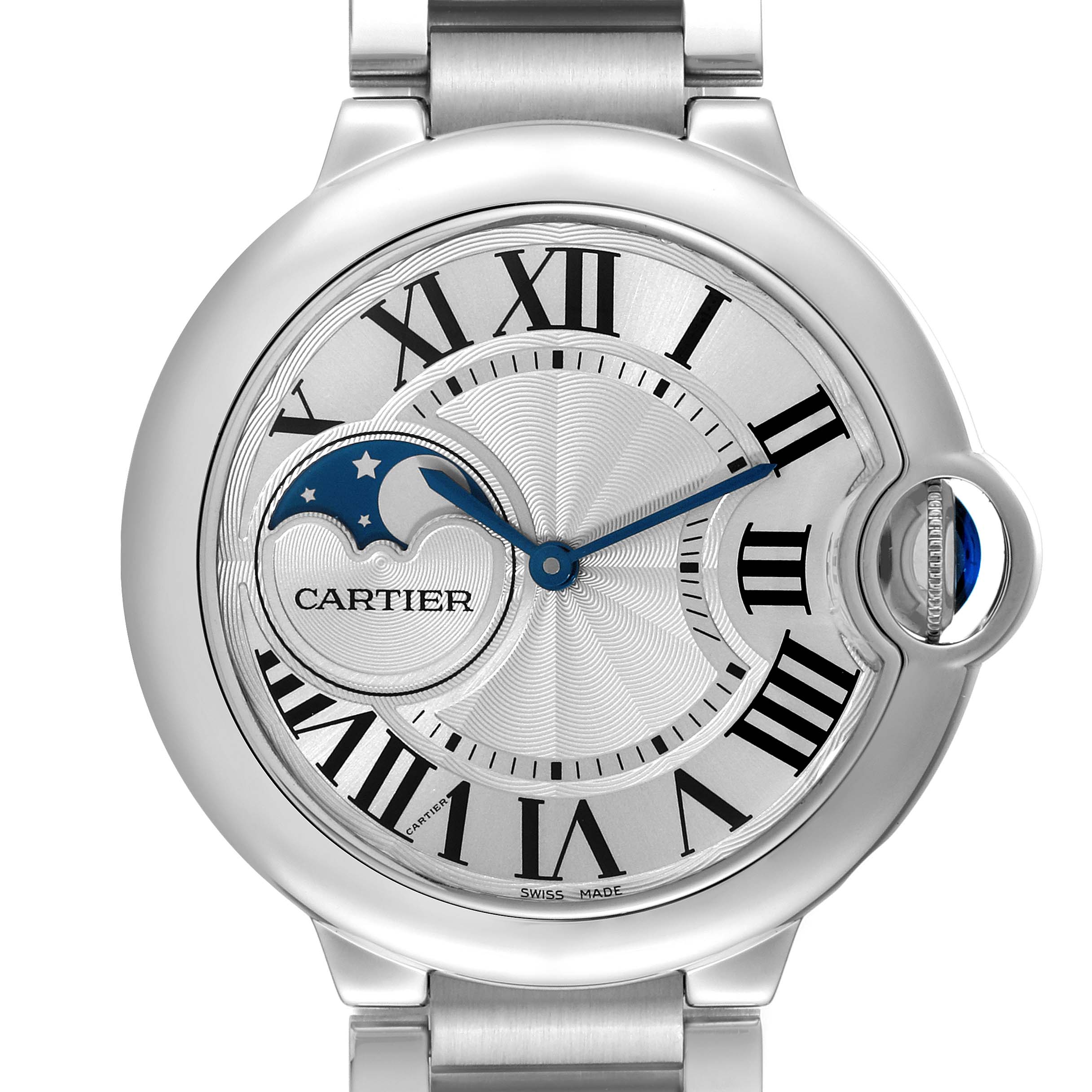 This is a close-up view of the dial and part of the bracelet of the Ballon Bleu model by Cartier.