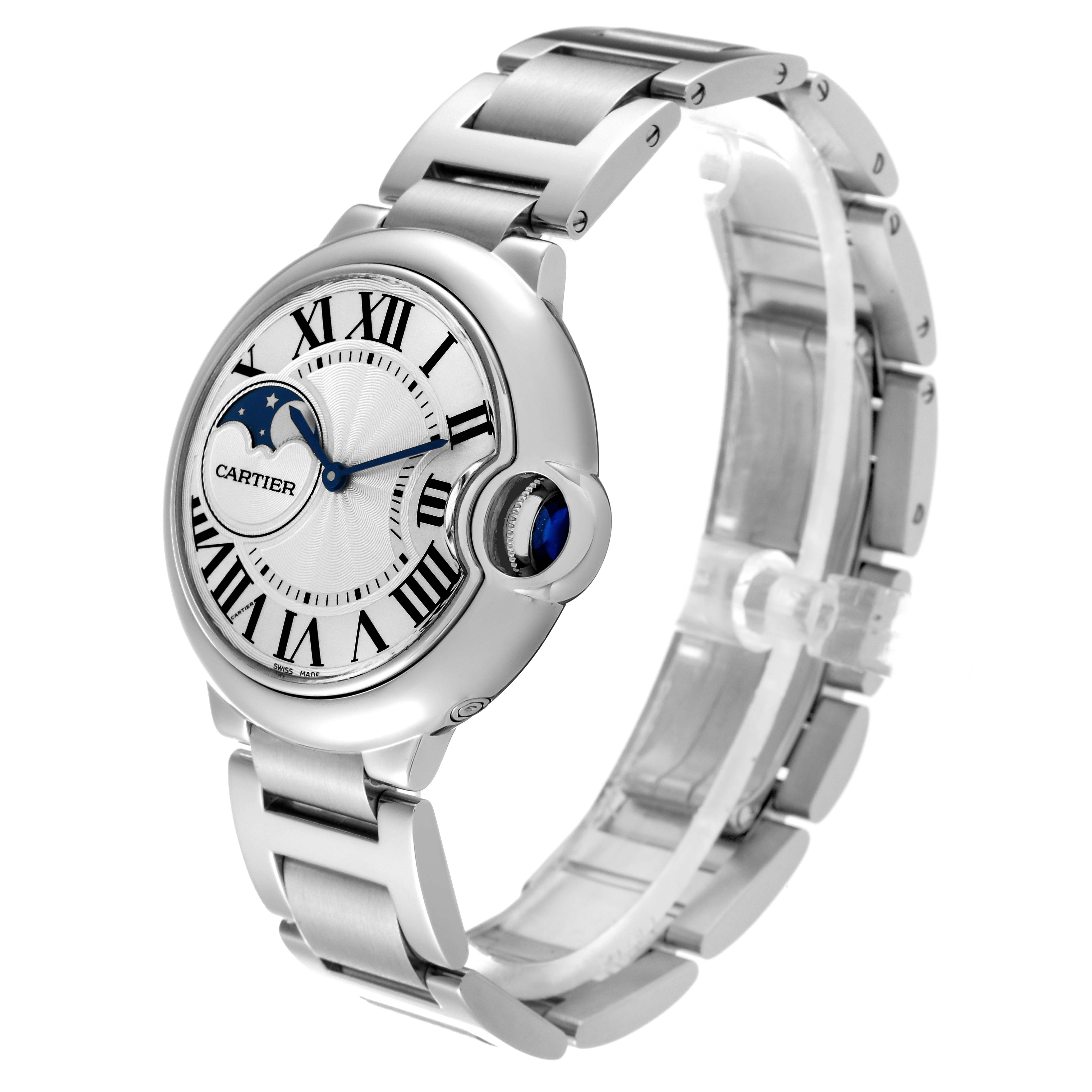The Cartier Ballon Bleu WSBB0021 Men
s Stainless Steel Silver Dial WSBB0021 Men
s Stainless Steel Silver Dial watch is shown at a three-quarter angle, highlighting the face, bracelet, and side crown.