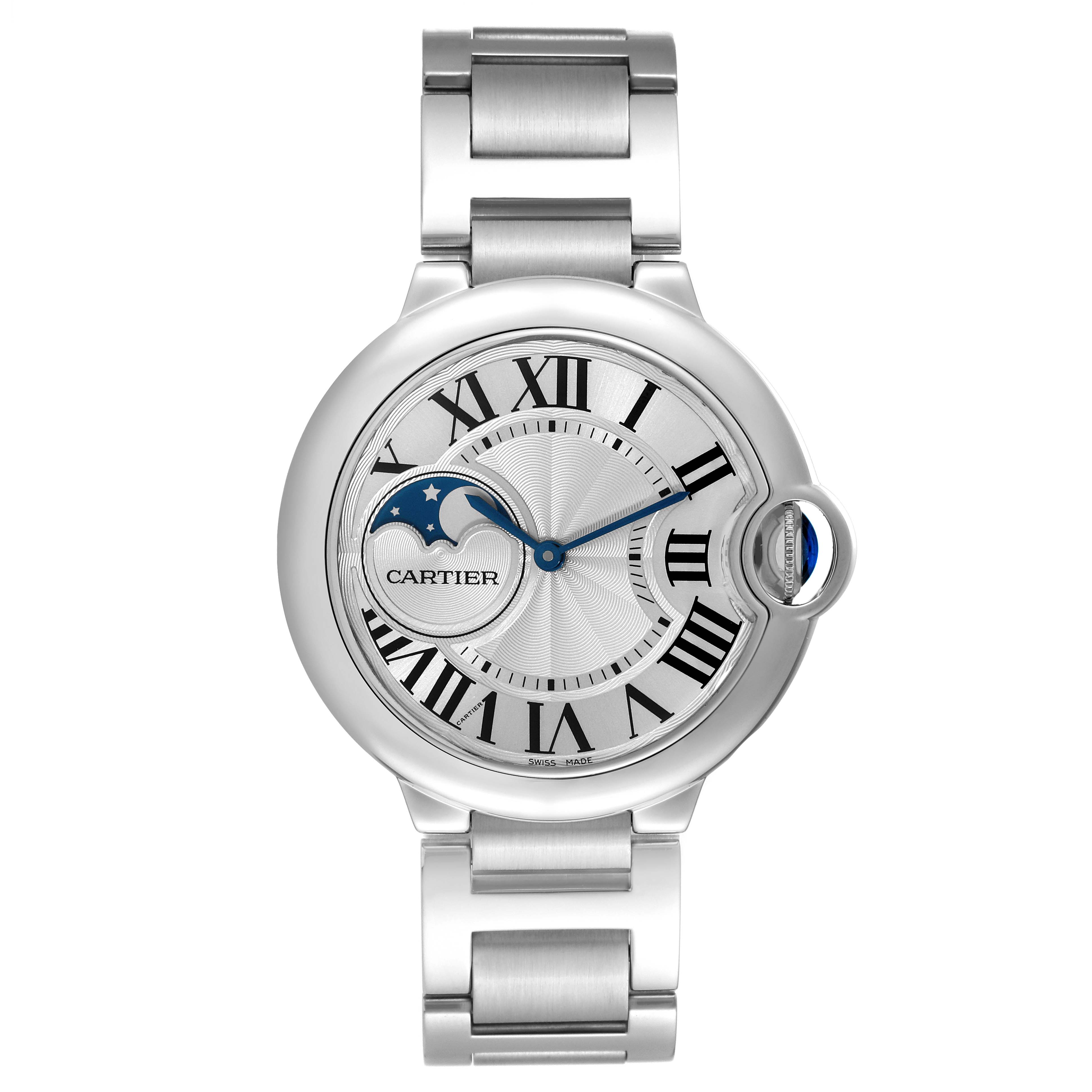 This is a front view of the Cartier Ballon Bleu WSBB0021 Men
s Stainless Steel Silver Dial WSBB0021 Men
s Stainless Steel Silver Dial watch showing its entire face and part of its metal bracelet.