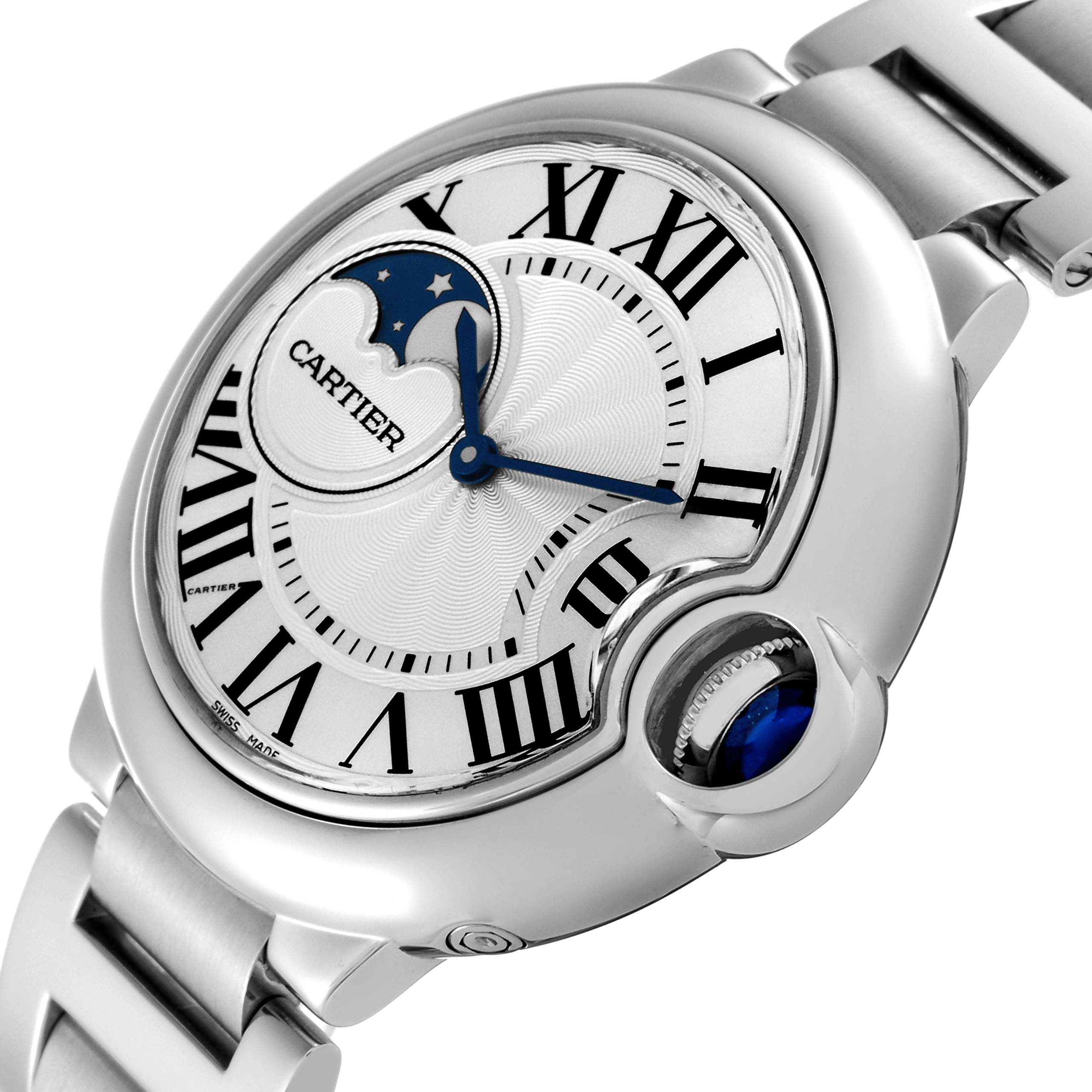 The image shows a close-up of the dial, crown, and bracelet of the Cartier Ballon Bleu WSBB0021 Men
s Stainless Steel Silver Dial WSBB0021 Men
s Stainless Steel Silver Dial watch, with visible Roman numerals and a moon phase complication.