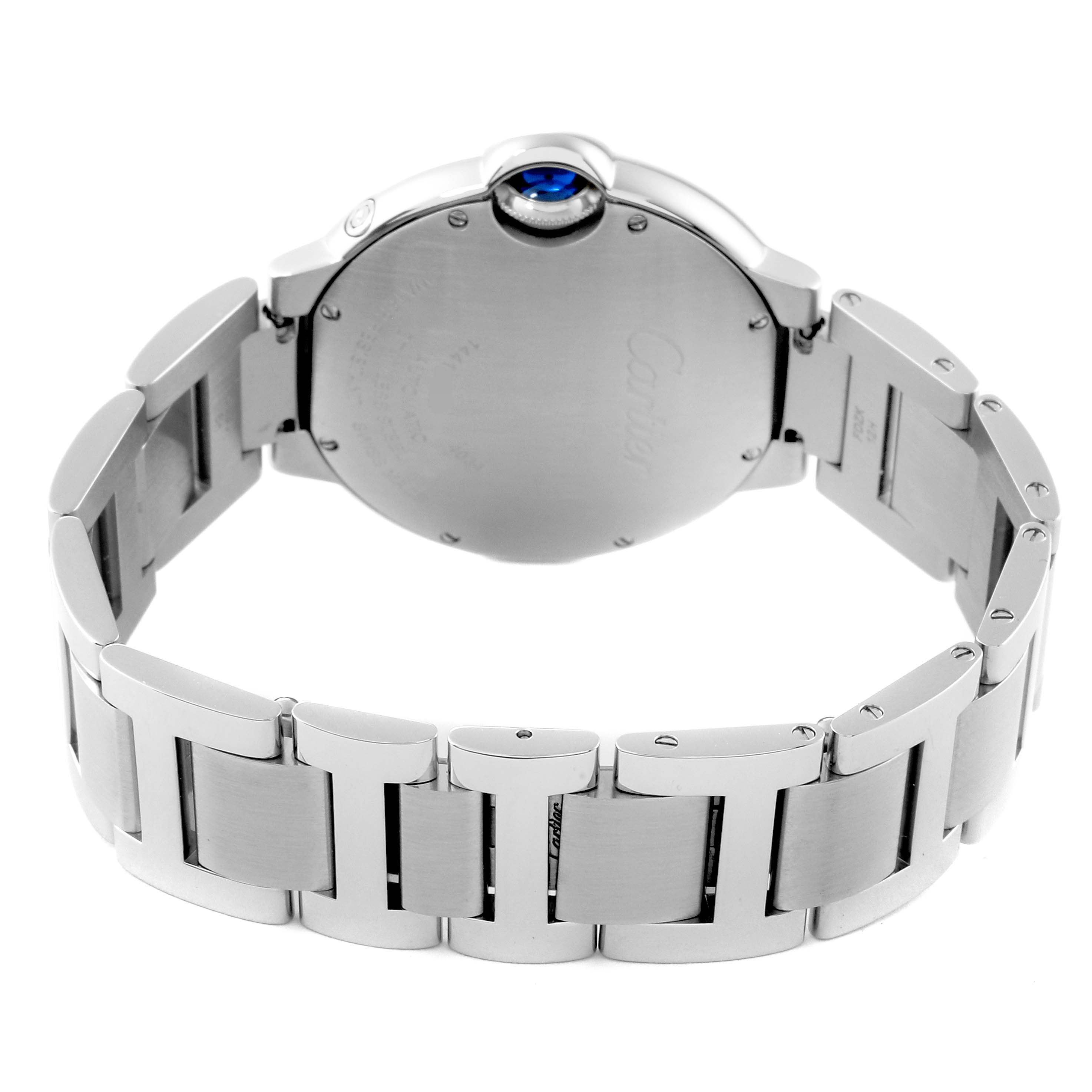 This image shows the back view and bracelet of a Ballon Bleu model by Cartier.