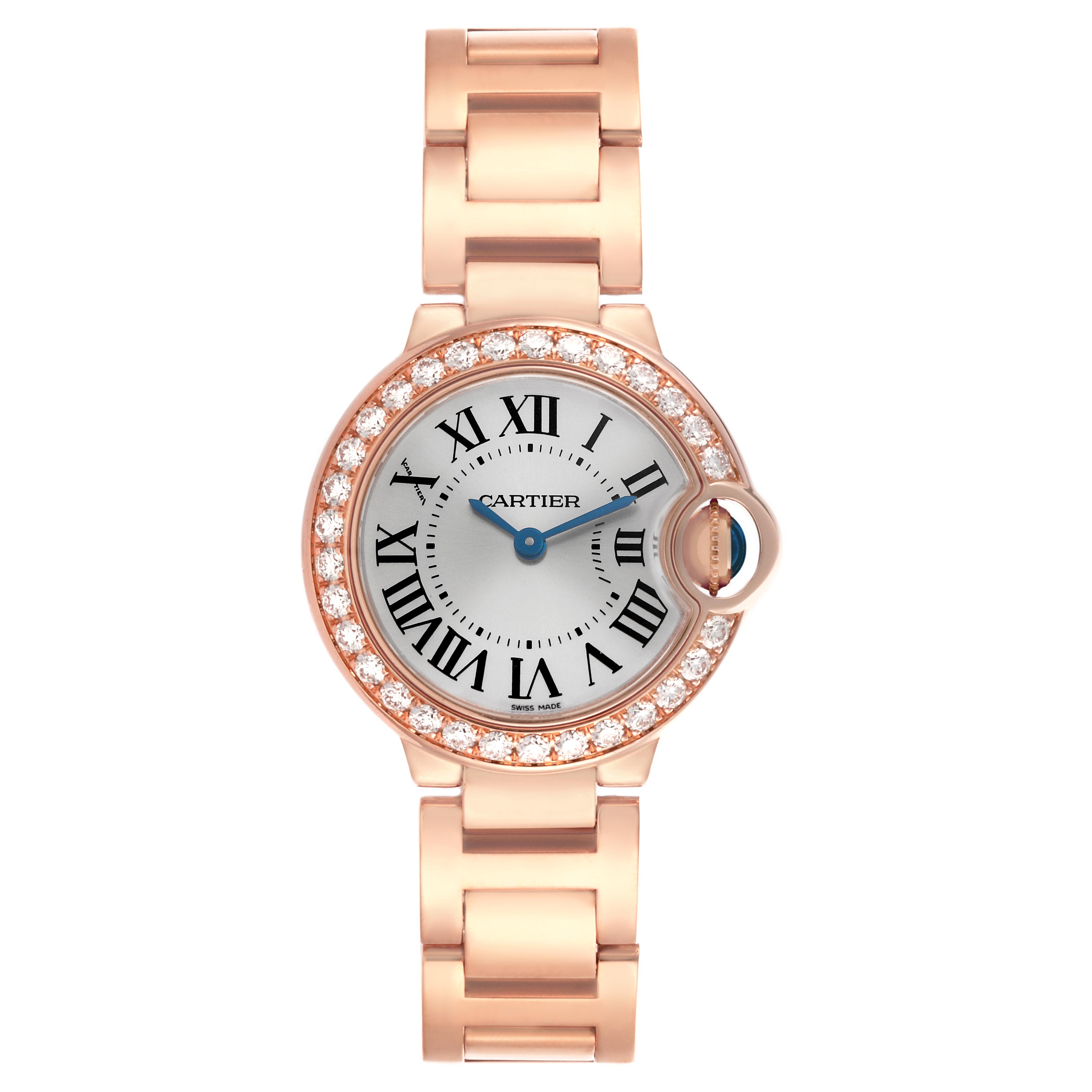 The Cartier Ballon Bleu WE9002Z3 Women's Rose Gold Silver Dial WE9002Z3 Women's Rose Gold Silver Dial watch is shown from a front angle, displaying its dial, bezel, and bracelet.