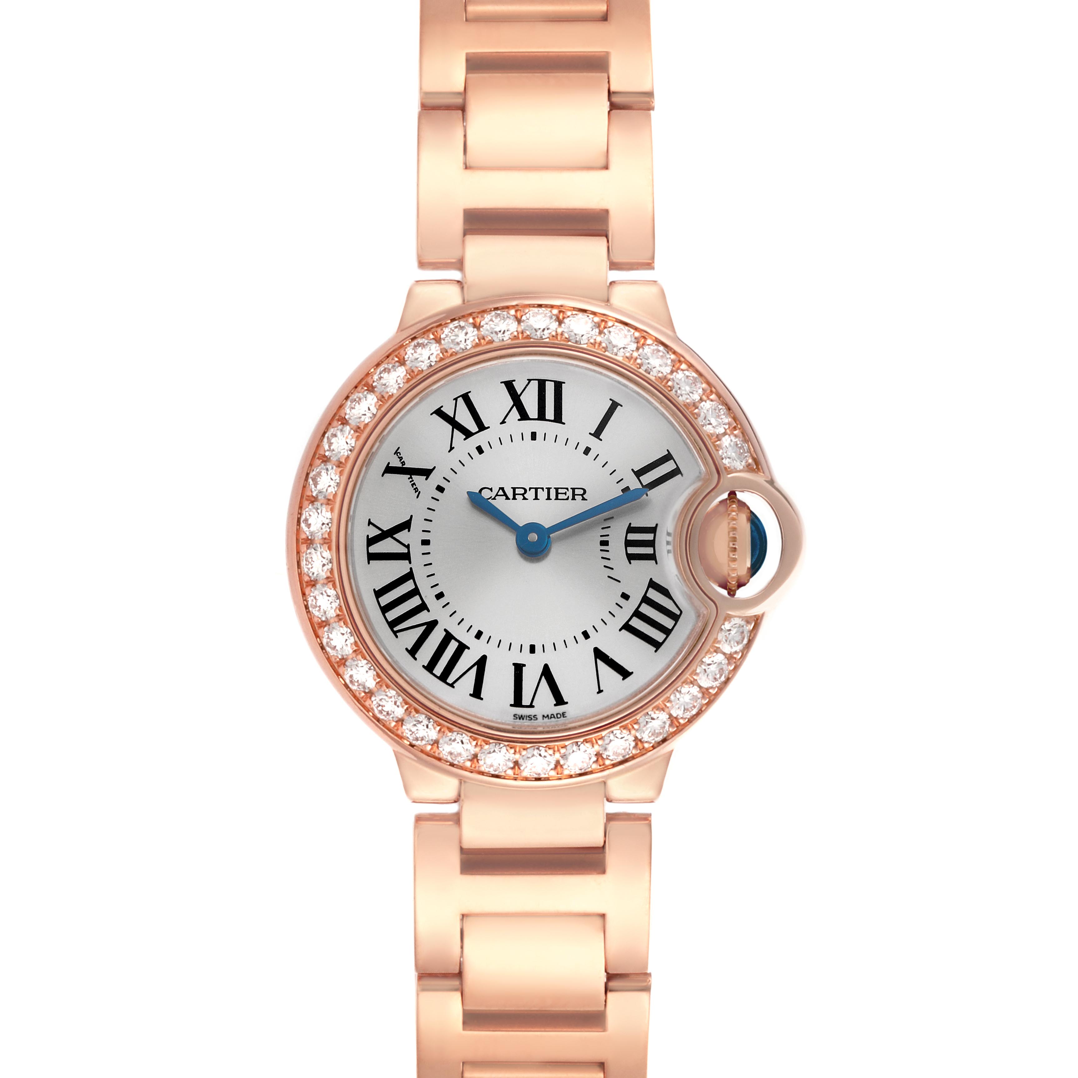The Cartier Ballon Bleu WE9002Z3 Women's Rose Gold Silver Dial WE9002Z3 Women's Rose Gold Silver Dial watch is shown from a front view, displaying the face, case, and part of the bracelet.