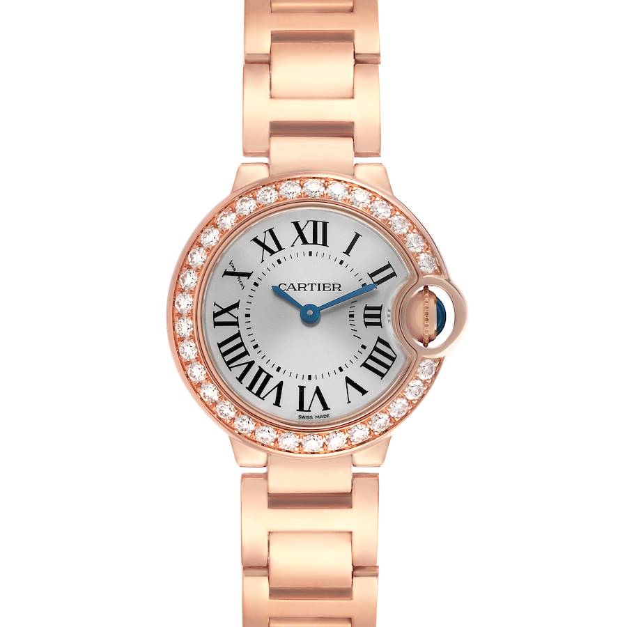 The Cartier Ballon Bleu watch is shown from a front view, displaying the face, case, and part of the bracelet.